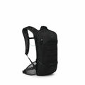 The image shows a sleek, black backpack designed by Osprey, specifically the "Raptor 12" model. It features a streamlined design with a prominent front panel that has several horizontal grooves for added style and functionality. The backpack is equipped w
