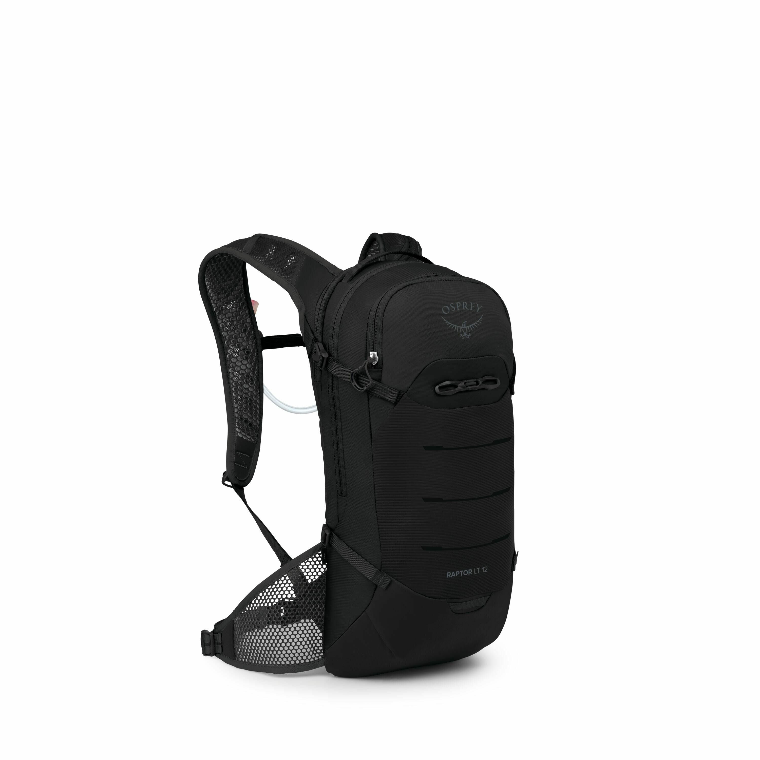 The image shows a sleek, black backpack designed by Osprey, specifically the "Raptor 12" model. It features a streamlined design with a prominent front panel that has several horizontal grooves for added style and functionality. The backpack is equipped w