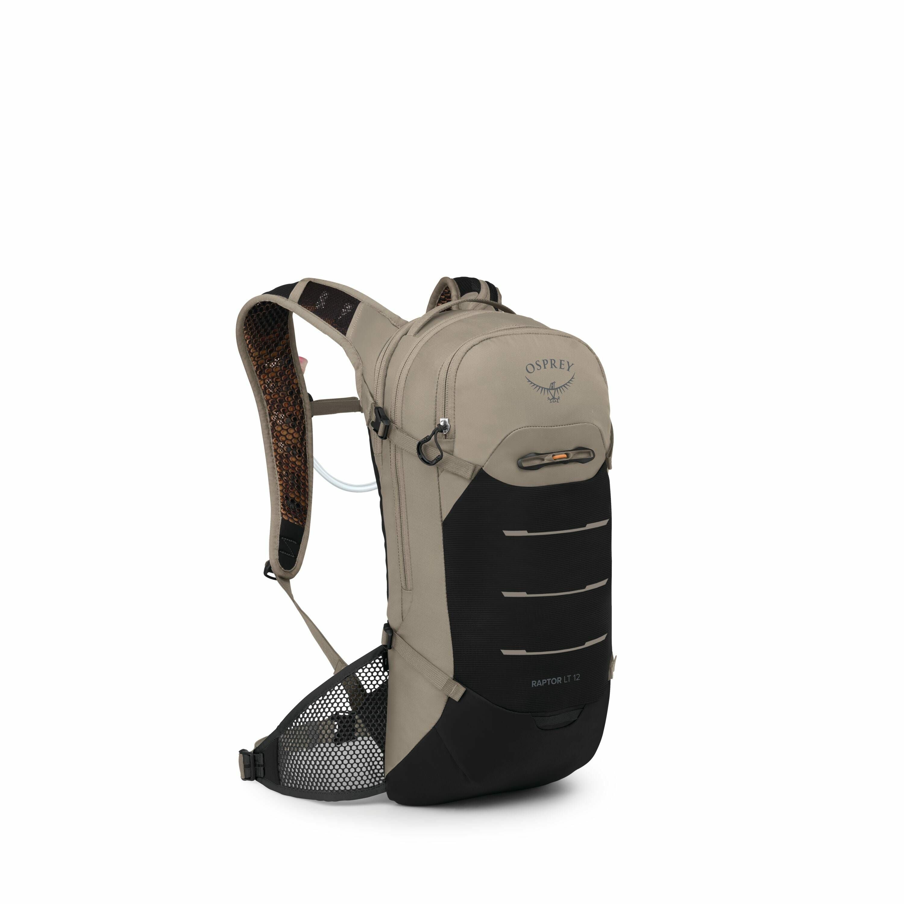 The image shows a lightweight and compact backpack by Osprey, specifically the Raptor LT 12 model. The pack is primarily tan with a contrasting black front pocket area, and it features the Osprey logo on the top front. This backpack is designed with an er