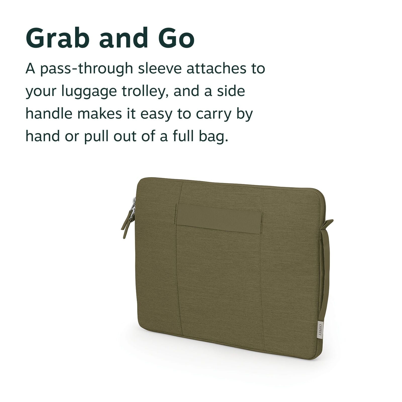 The image features a green laptop sleeve designed for easy transport and convenience. It showcases a pass-through sleeve that allows the case to attach securely to a luggage trolley, simplifying travel. Additionally, the sleeve includes a side handle for