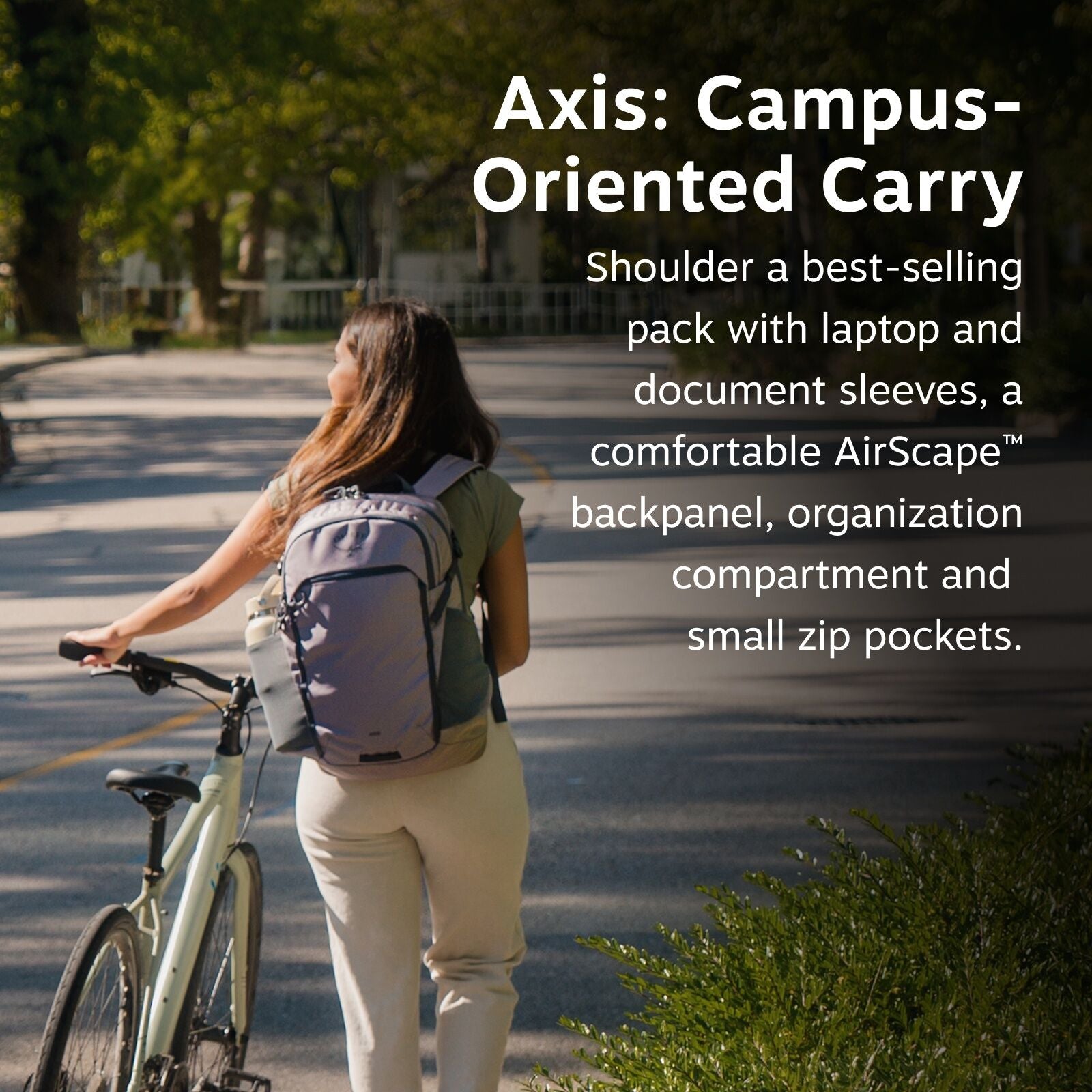 The image shows a young woman riding a bicycle along a tree-lined path, emphasizing an active, outdoor lifestyle. She is wearing a light purple backpack on her back, which is highlighted by accompanying text that describes its features. The text promotes