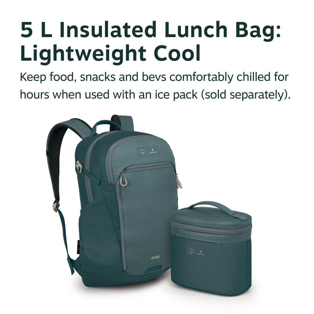 The image showcases a teal-colored insulated lunch bag and a matching backpack set against a white background. The lunch bag has a capacity of 5 liters and features a zip closure with a convenient handle on top. The backpack, labeled "AXIS" on the front,