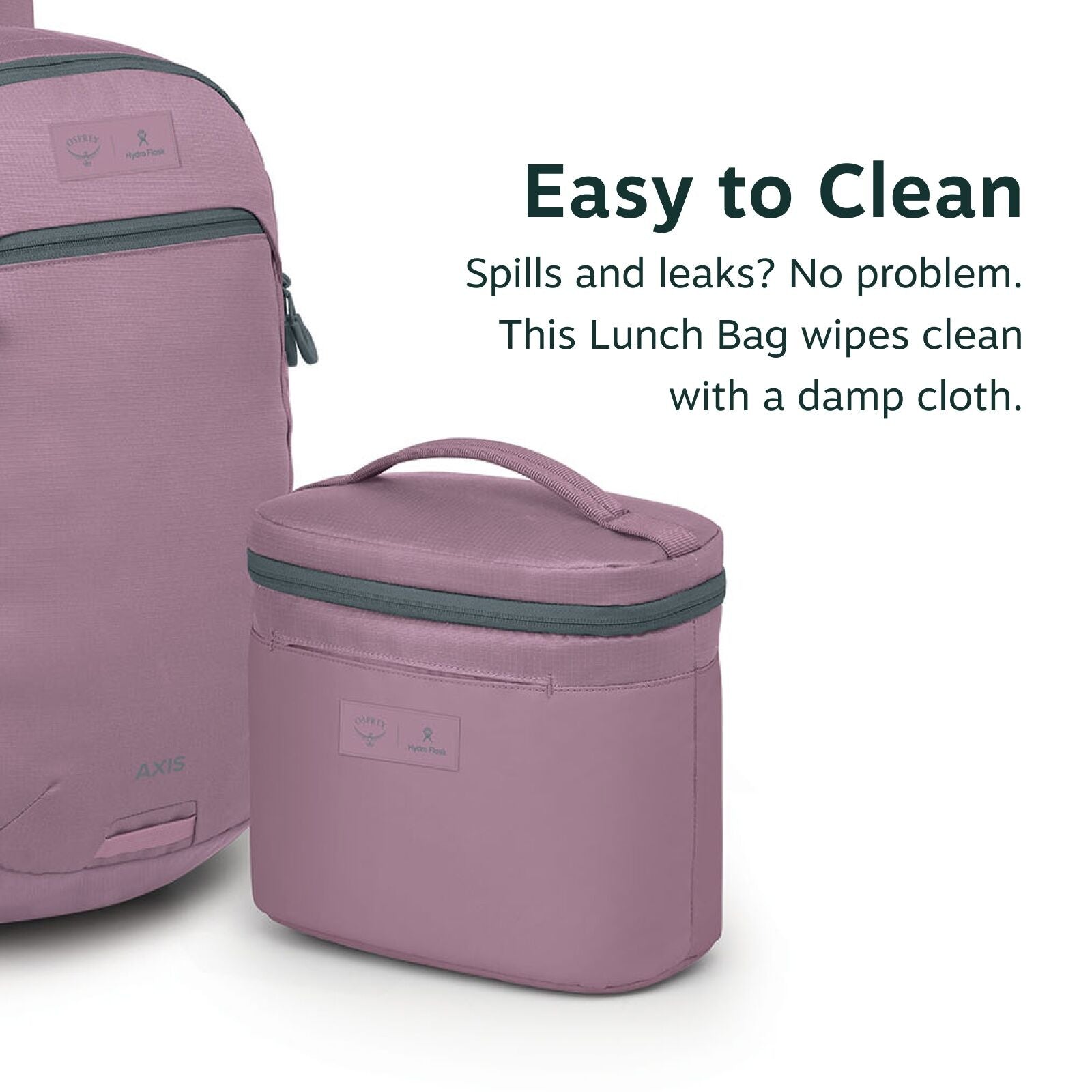 The image showcases a pink lunch bag positioned next to a pink backpack. Both items feature a grayish zipper for secure closure, and the lunch bag has a convenient handle on top. The backpack has a subtle label reading "AXIS" and another label with the lo