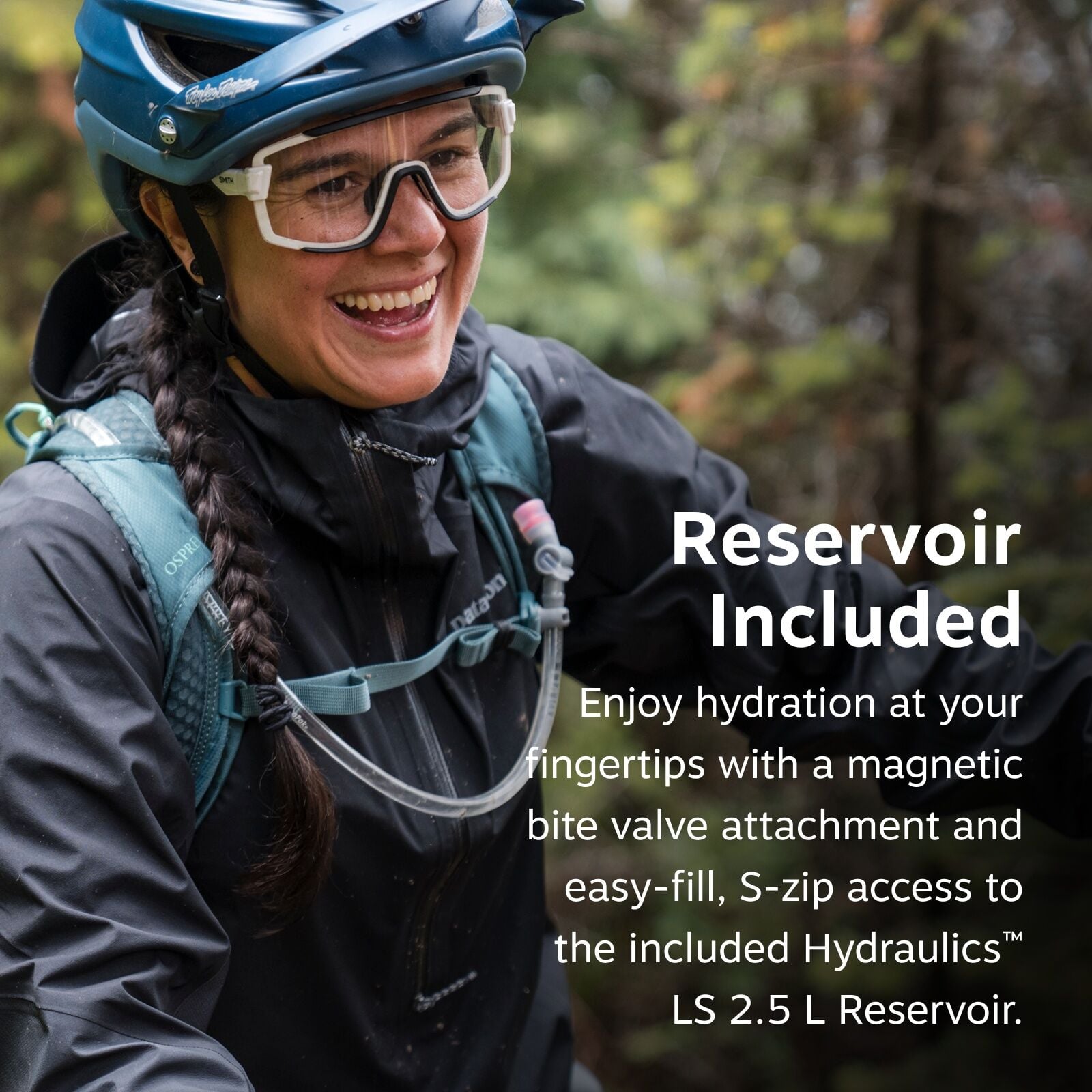 The image depicts a person wearing a blue helmet and a black outdoor jacket, accompanied by a teal backpack. The backpack, bearing the Osprey logo, includes a hydration system, with a tube visible coming over the shoulder, designed for easy access while o