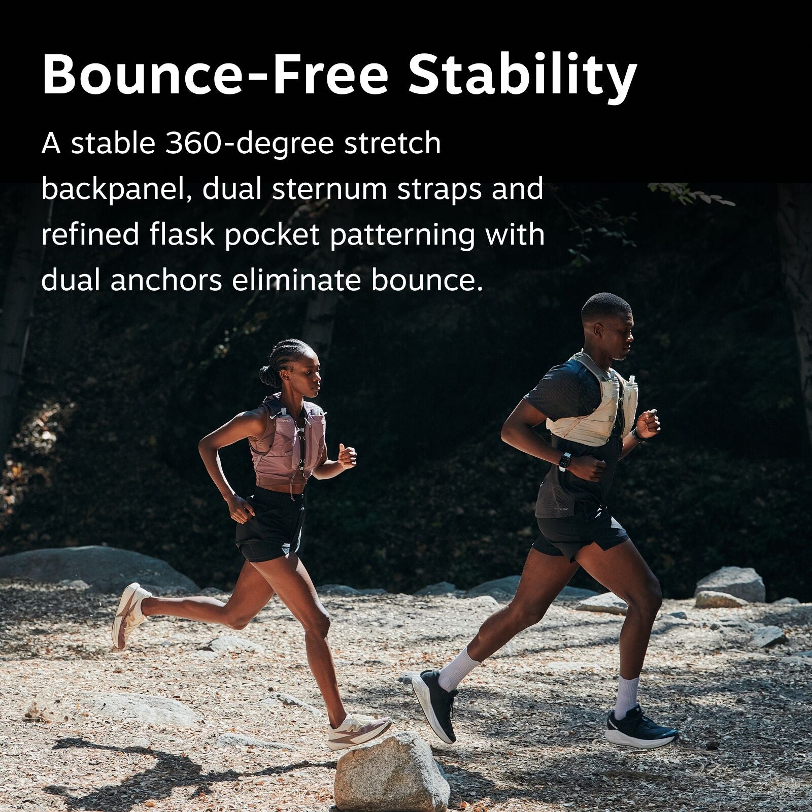 The image shows two athletic individuals running outdoors on a rocky path surrounded by trees. They are wearing running gear, including shorts, T-shirts, and specialized backpacks designed to minimize bounce. The text above them highlights the features of