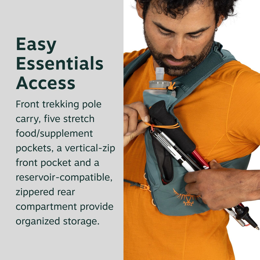 The image shows a person wearing an orange shirt and adjusting a gray backpack. The backpack features multiple compartments designed for easy access to essentials, including front trekking pole carry and a vertical-zip front pocket. The backpack also has