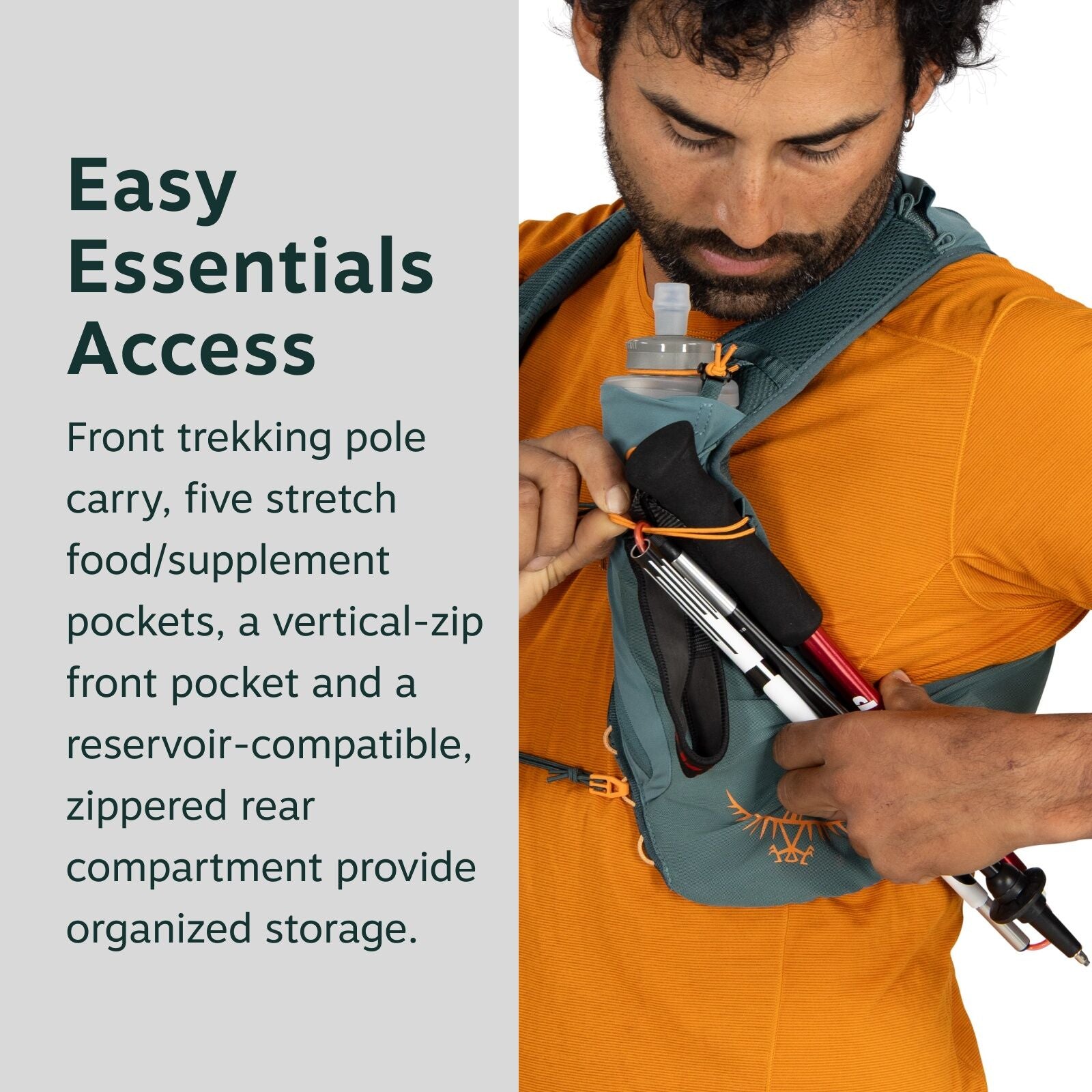 The image shows a person wearing an orange shirt and adjusting a gray backpack. The backpack features multiple compartments designed for easy access to essentials, including front trekking pole carry and a vertical-zip front pocket. The backpack also has