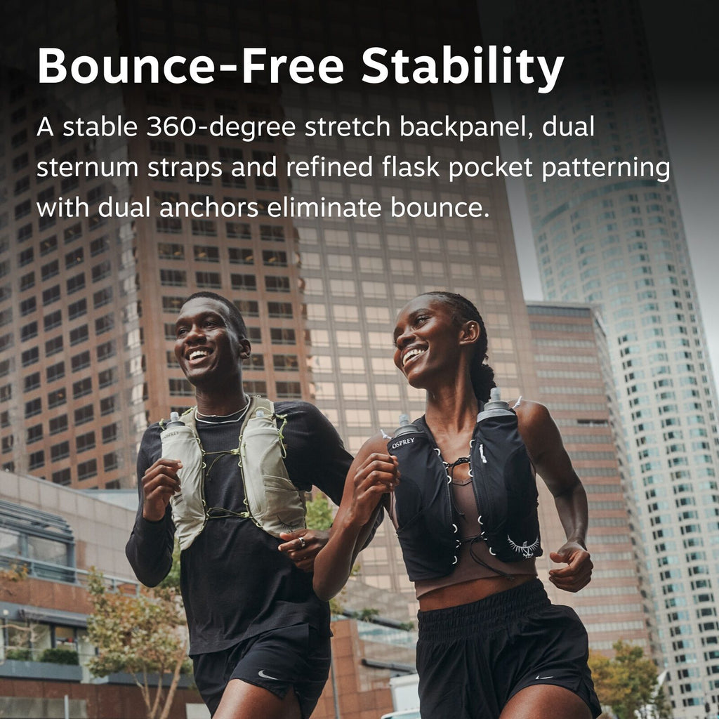 The image shows two athletes running through an urban environment. They are each wearing a specialized running vest, designed for bounce-free stability, as highlighted by the text overlay that discusses the features like a 360-degree stretch back panel, d