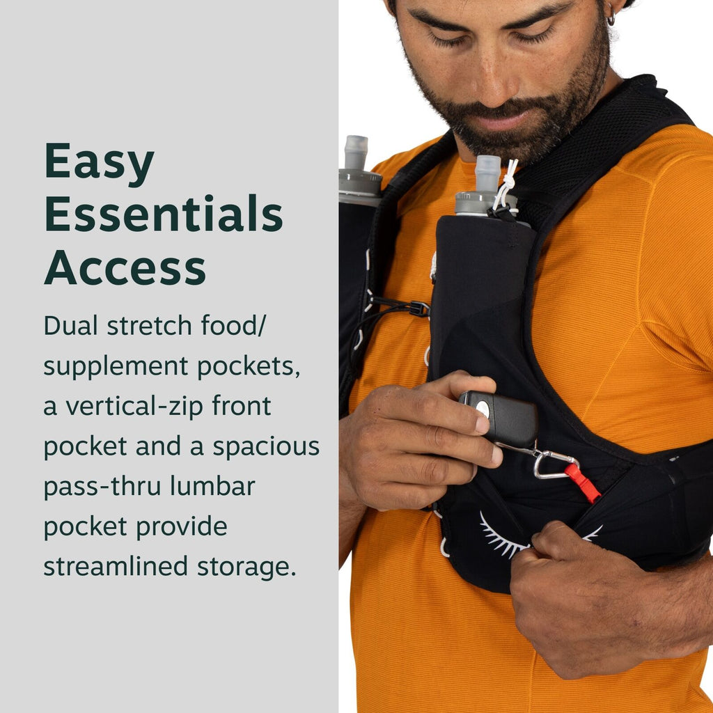 The image shows a close-up of a person wearing an orange shirt and a black vest designed for carrying essentials. The vest includes dual stretch pockets for food or supplements, a vertical-zip front pocket, and a spacious pass-thru lumbar pocket for strea