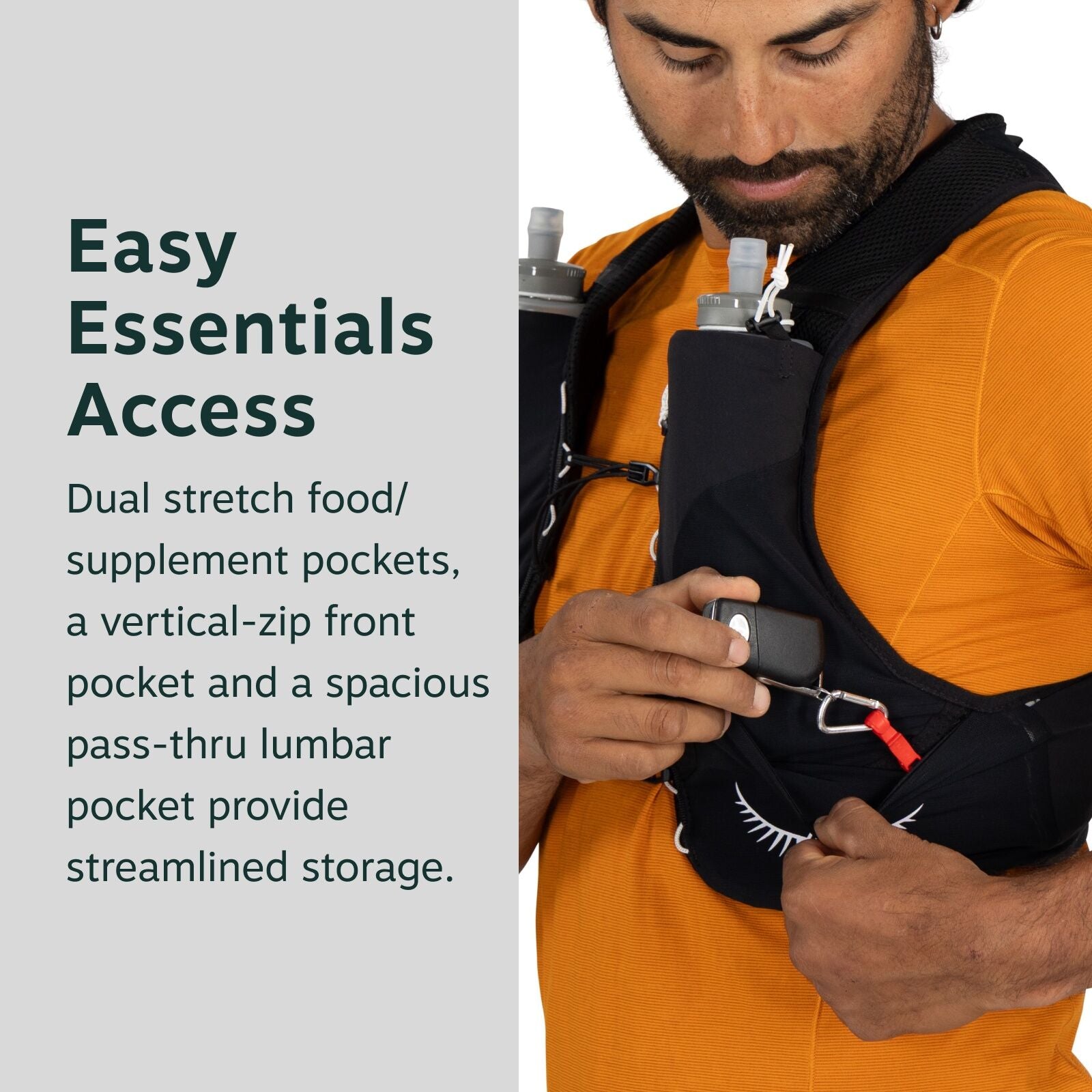 The image shows a close-up of a person wearing an orange shirt and a black vest designed for carrying essentials. The vest includes dual stretch pockets for food or supplements, a vertical-zip front pocket, and a spacious pass-thru lumbar pocket for strea