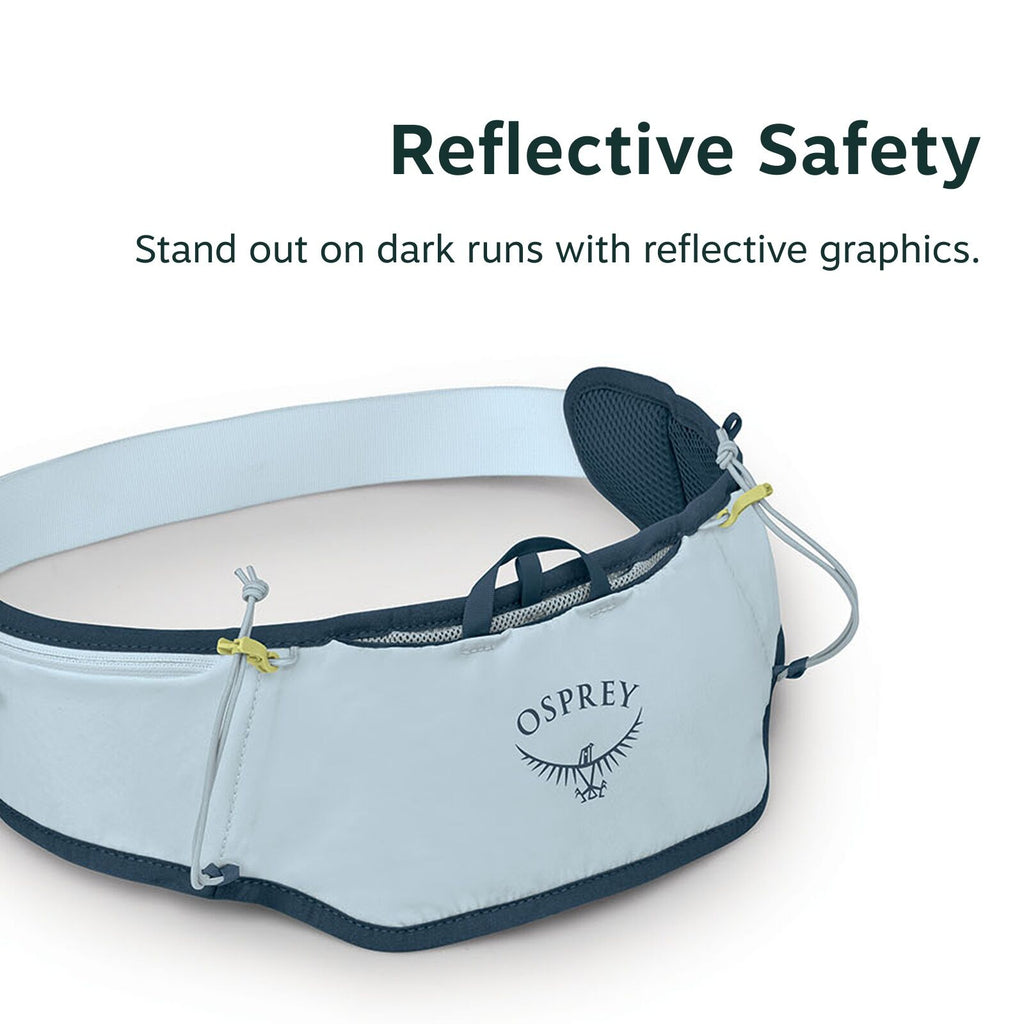 The image features a belt bag designed for runners, emphasizing reflective safety for visibility during dark runs. The bag is primarily light gray with dark accents along the edges and has the logo "OSPREY" printed on the side, accompanied by a graphic of