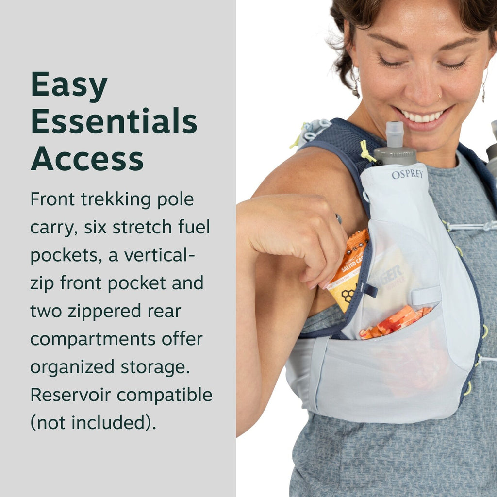 The image showcases a person wearing an Osprey hydration vest, emphasizing easy access to essentials. The vest features multiple storage options including six stretch fuel pockets, a vertical-zip front pocket, and two zippered rear compartments. The text