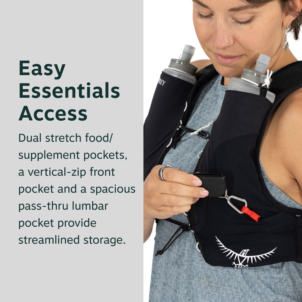 The image showcases a person wearing a backpack with several accessible pockets. The focus is on the chest area, where the individual is using a vertical-zip front pocket on the pack to store or retrieve an item connected to a red carabiner clip. Two wate