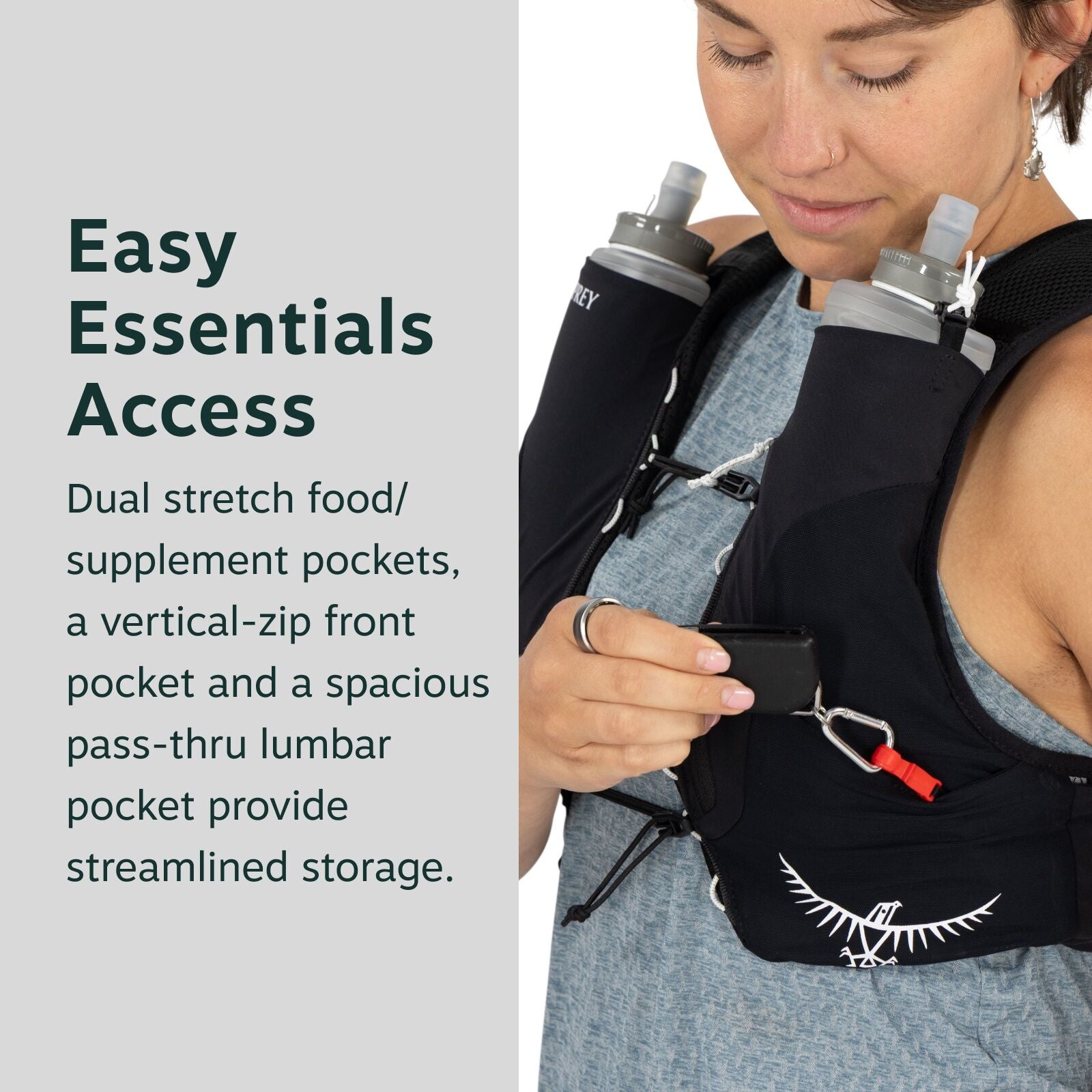 The image showcases a person wearing a backpack with several accessible pockets. The focus is on the chest area, where the individual is using a vertical-zip front pocket on the pack to store or retrieve an item connected to a red carabiner clip. Two wate