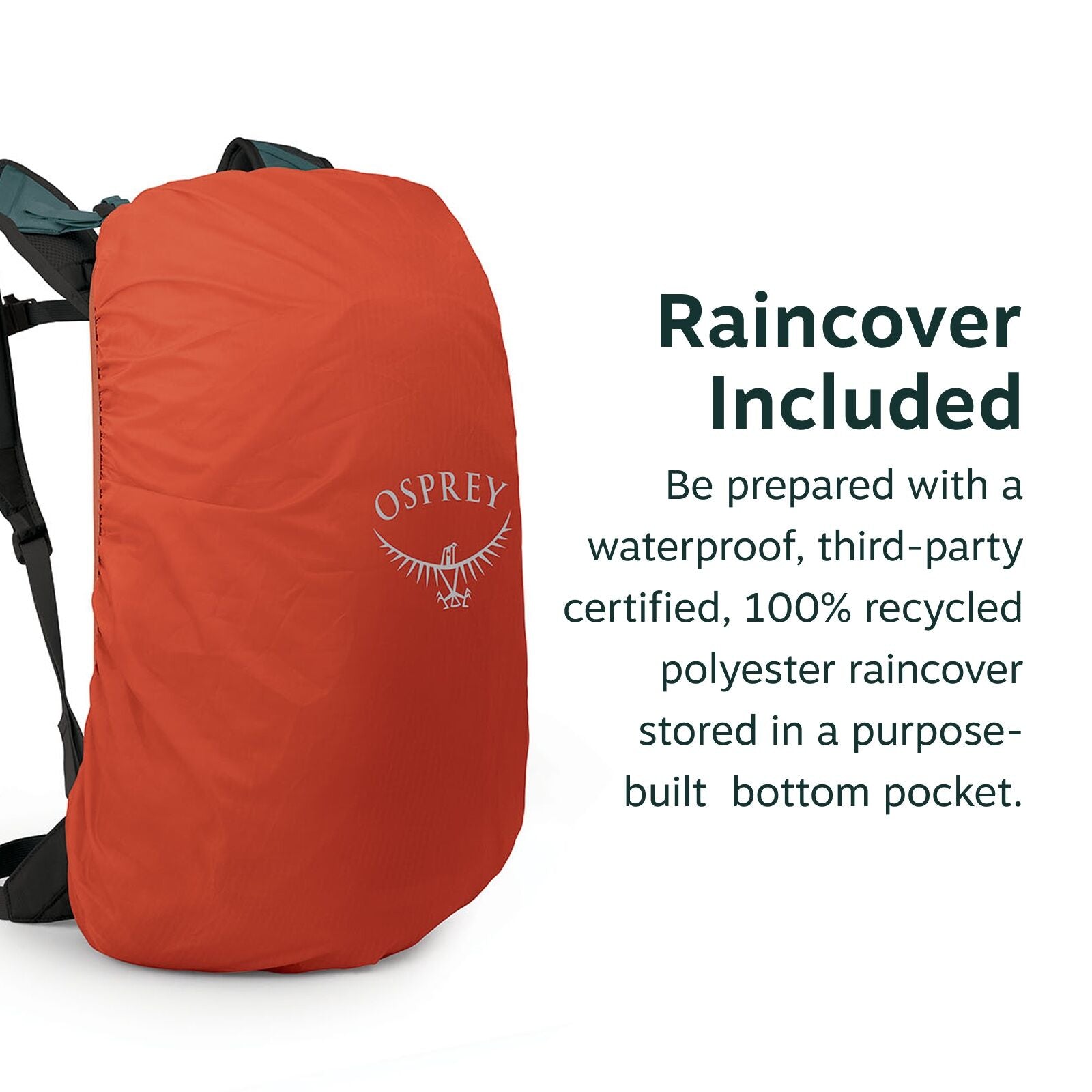 The image shows a backpack with a bright orange rain cover that has the Osprey logo printed on it. The rain cover is specifically designed to be waterproof, third-party certified, and made from 100% recycled polyester. It is stored in a purpose-built bott