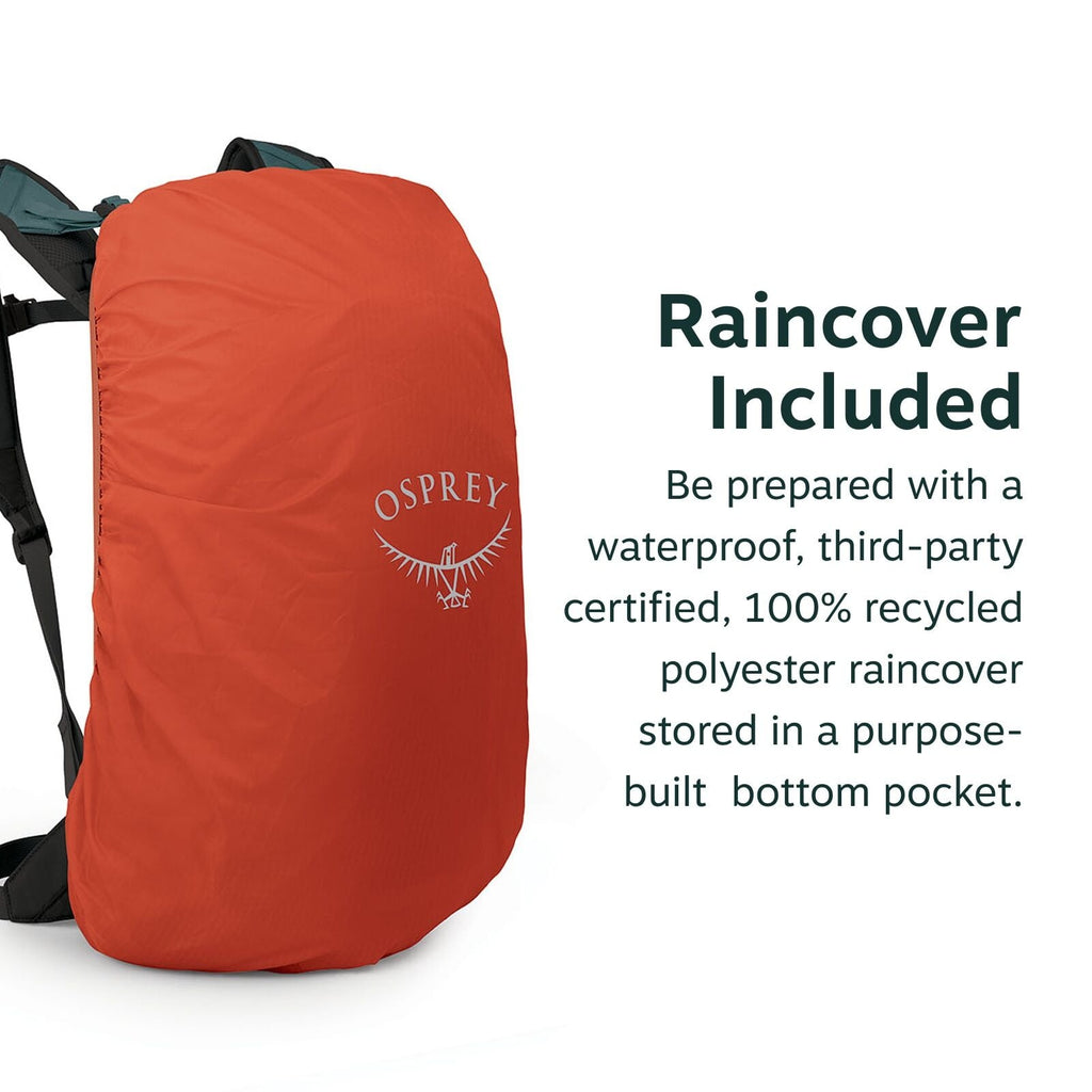 The image shows a backpack with a bright orange rain cover that has the Osprey logo printed on it. The rain cover is specifically designed to be waterproof, third-party certified, and made from 100% recycled polyester. It is stored in a purpose-built bott
