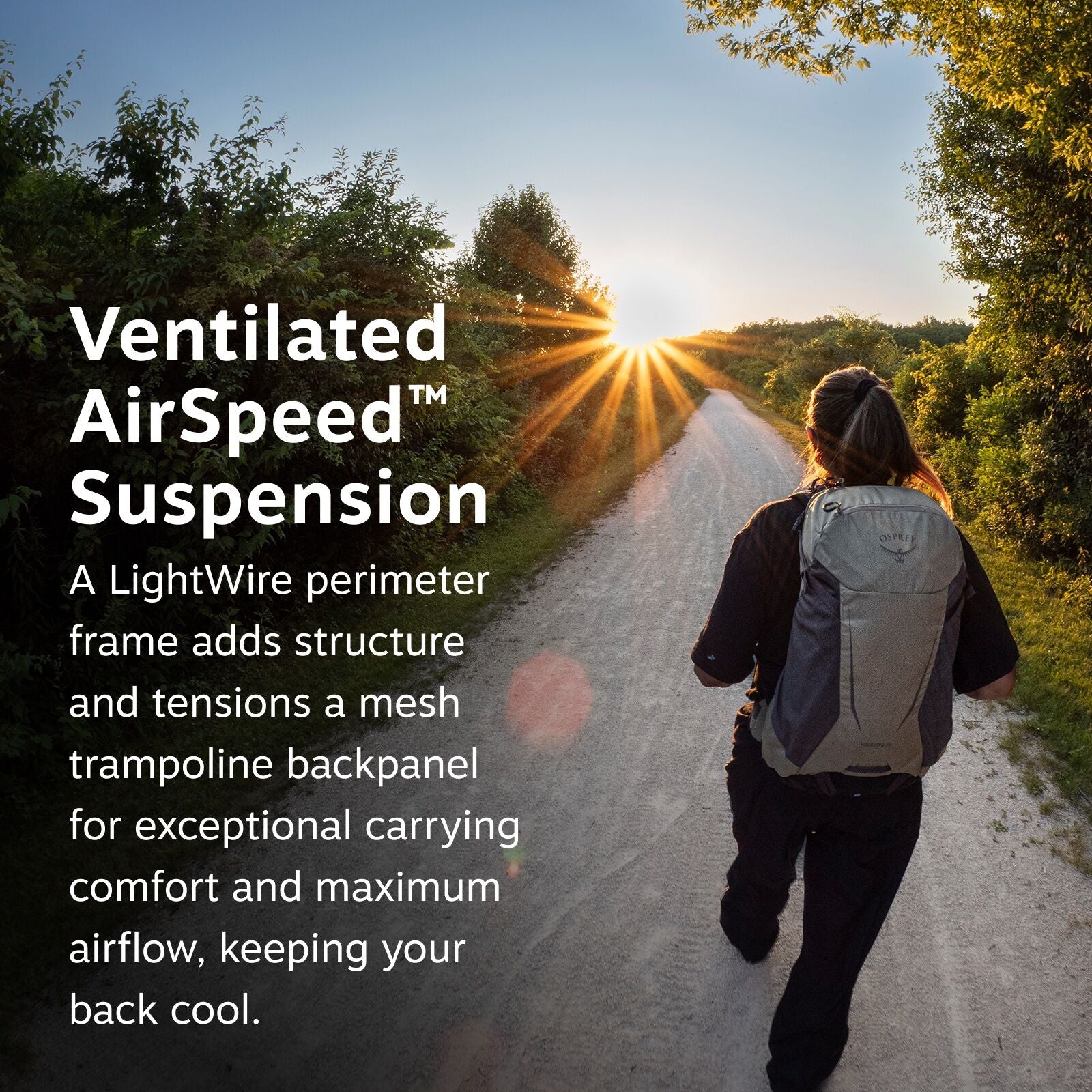 The image features a person walking down a dirt path surrounded by greenery as the sun sets on the horizon, casting long shadows and creating a warm, inviting atmosphere. The individual is wearing a backpack and appears to be heading towards the setting s