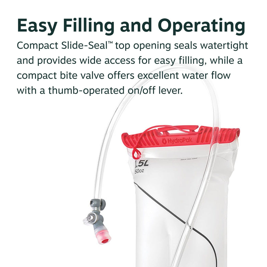 The image showcases a hydration reservoir, specifically a HydraPak model with a capacity of 1.5 liters or 50 ounces. The reservoir features a compact Slide-Seal? top that ensures the container is watertight and provides wide access for easy filling. Attac