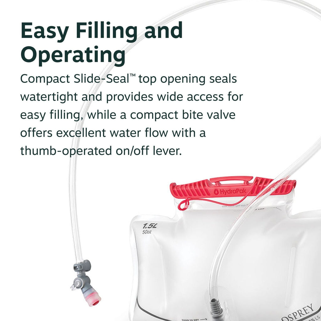 The image showcases a hydration reservoir with a capacity of 1.5 liters or 50 ounces. It features a red HydraPak Slide-Seal top opening that ensures a watertight seal and offers wide access for easy filling. A tube is connected to the reservoir with a bit