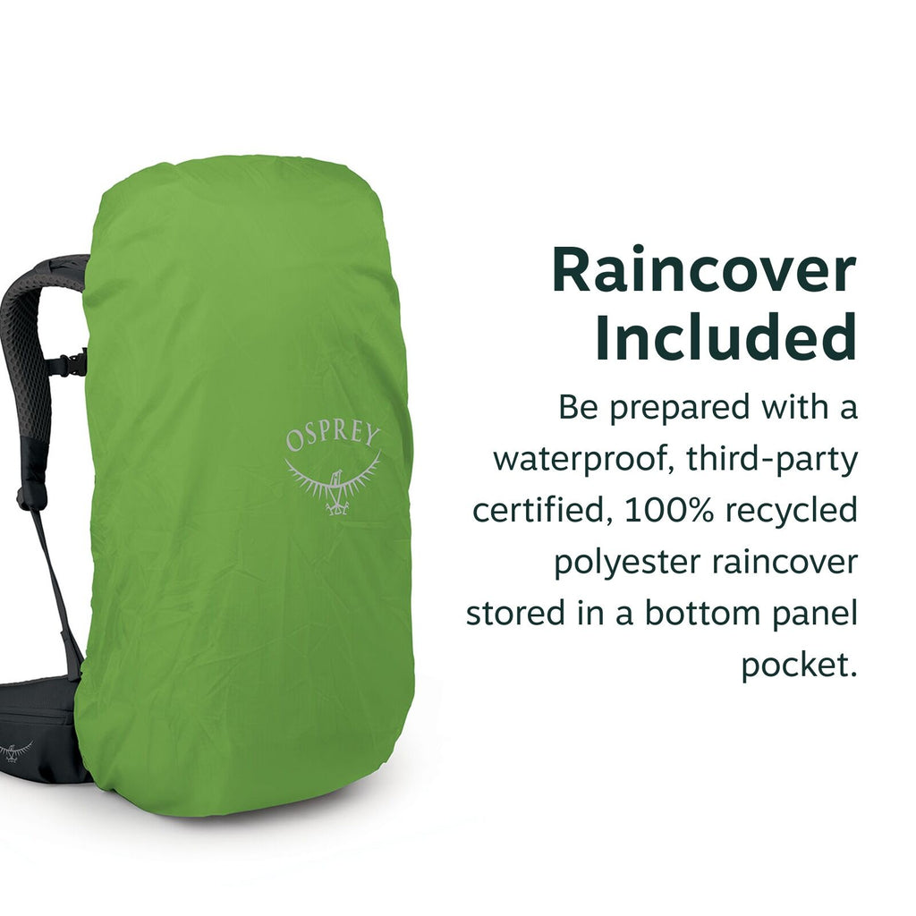 The image features a green raincover from the brand Osprey, which is designed to protect backpacks from rain. The raincover prominently displays the Osprey logo, which includes the brand name and a stylized bird graphic. Next to the image of the raincover