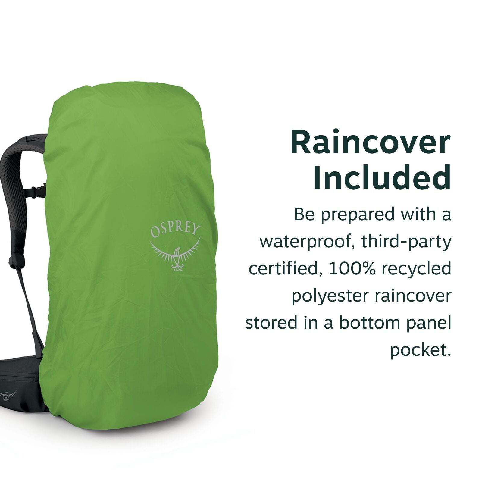 The image features a green raincover from the brand Osprey, which is designed to protect backpacks from rain. The raincover prominently displays the Osprey logo, which includes the brand name and a stylized bird graphic. Next to the image of the raincover