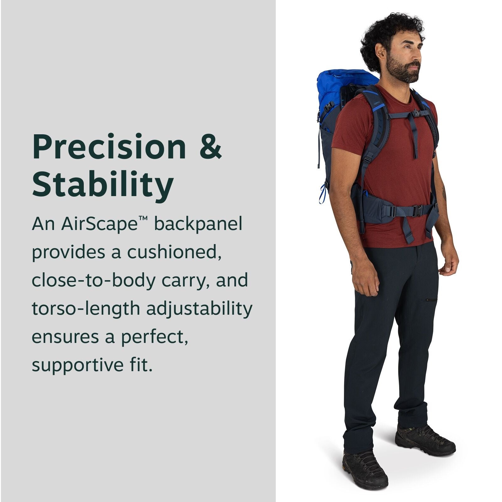 The image shows a person standing while wearing a backpack, featuring the AirScape? backpanel design. The backpack is blue, and it is secured with adjustable straps at the shoulders and waist for a supportive fit. The person is wearing a red t-shirt, blac