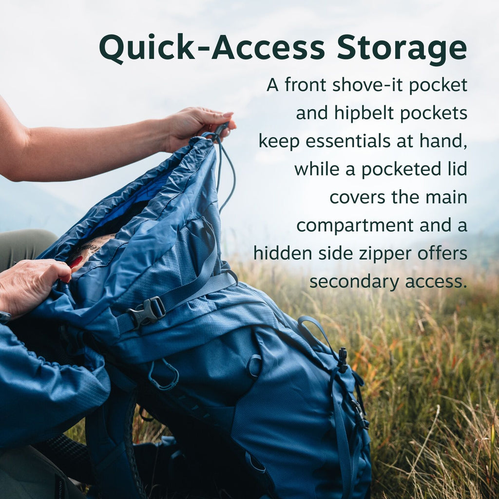 The image features a close-up of a person interacting with a blue backpack, emphasizing the bag's storage capabilities. The individual's hand is pulling open the top of the backpack, which reveals a spacious interior partially filled with items. To the ri