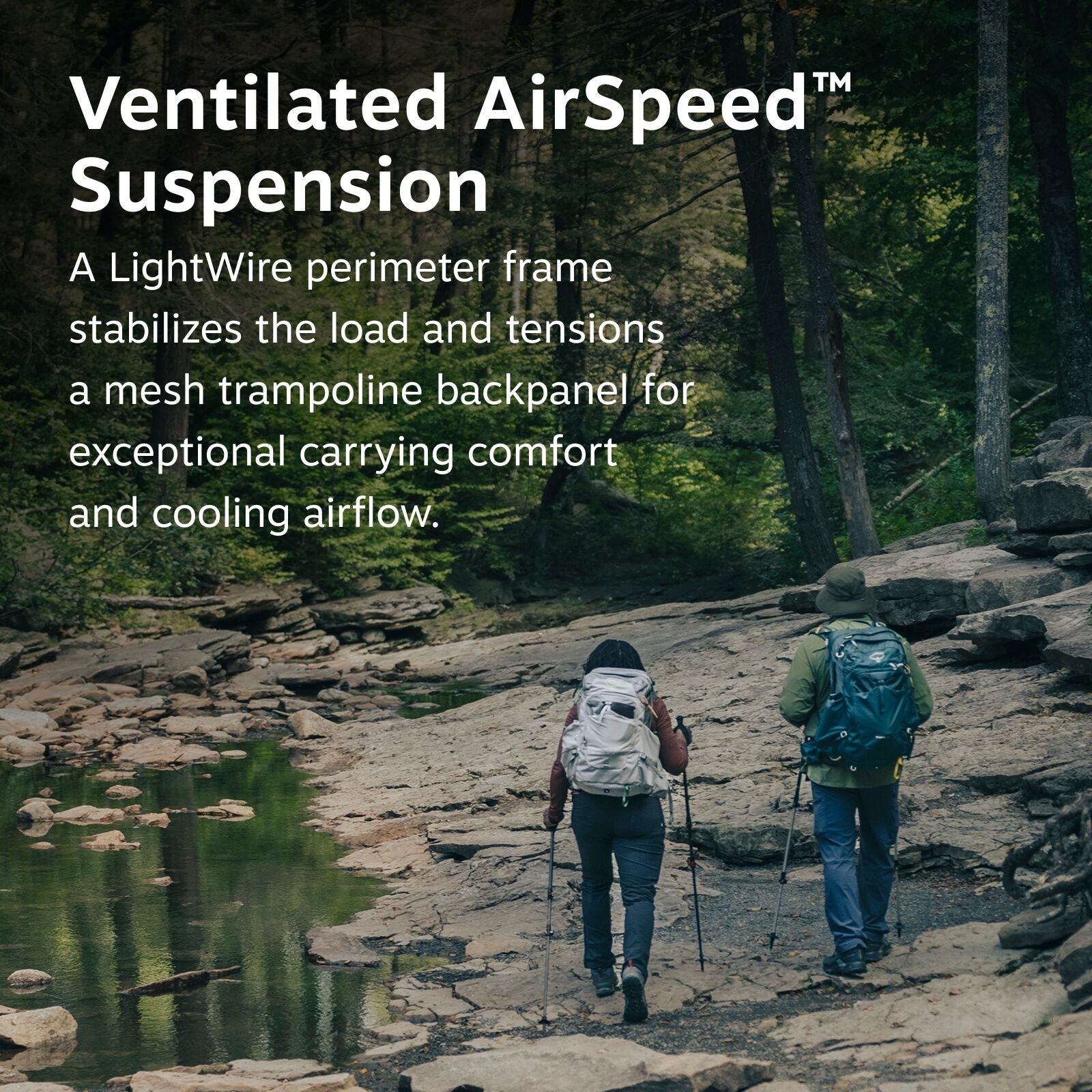 The image features two hikers walking along a rocky trail beside a small body of water in a forested area. The hikers are equipped with trekking poles and are wearing backpacks that showcase the Osprey logo. The text in the image highlights the "Ventilate