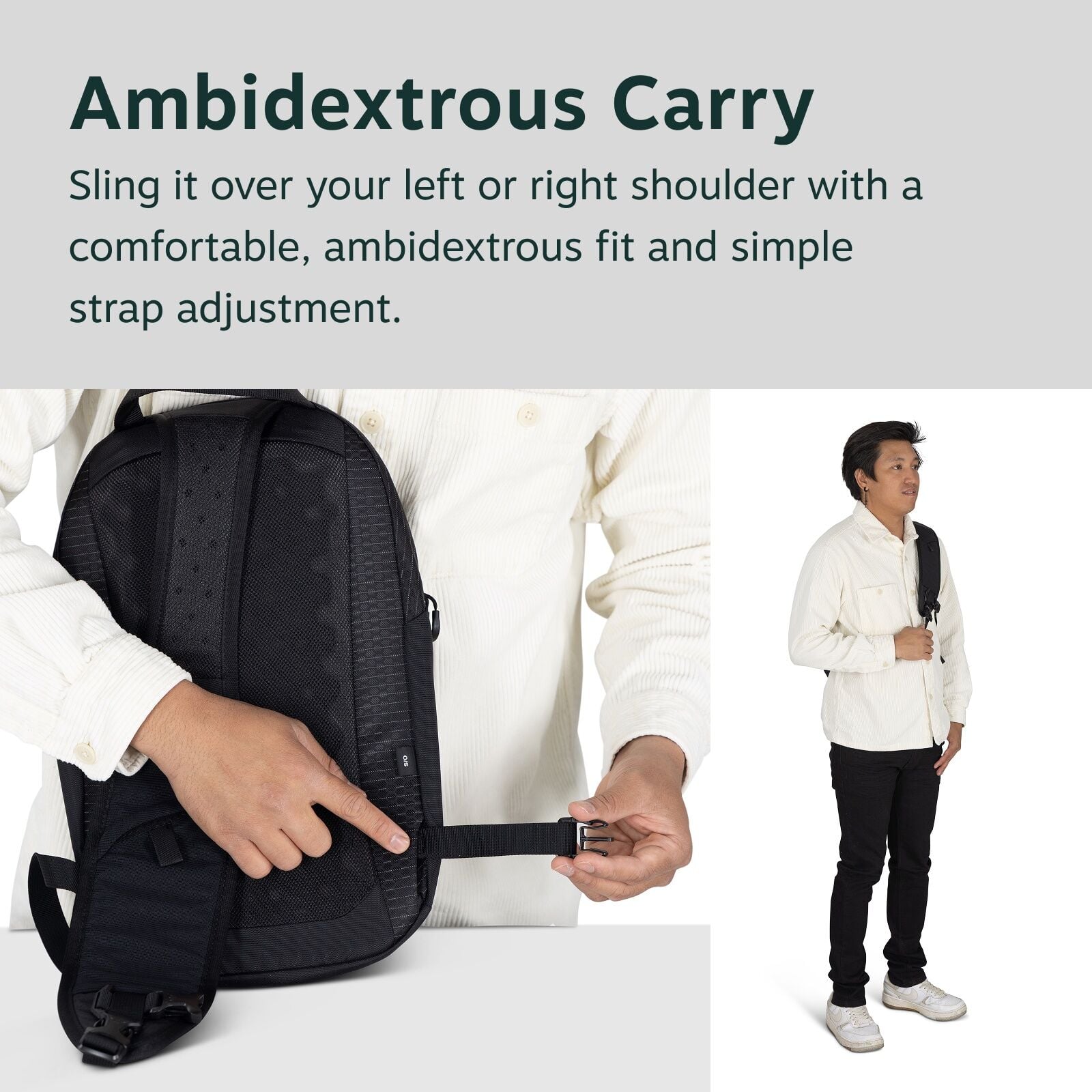 The image is an advertisement showcasing a backpack designed for ambidextrous carry, featuring a black sling backpack with adjustable straps. The main part of the image contains text that emphasizes the ease of switching the bag between the left and right