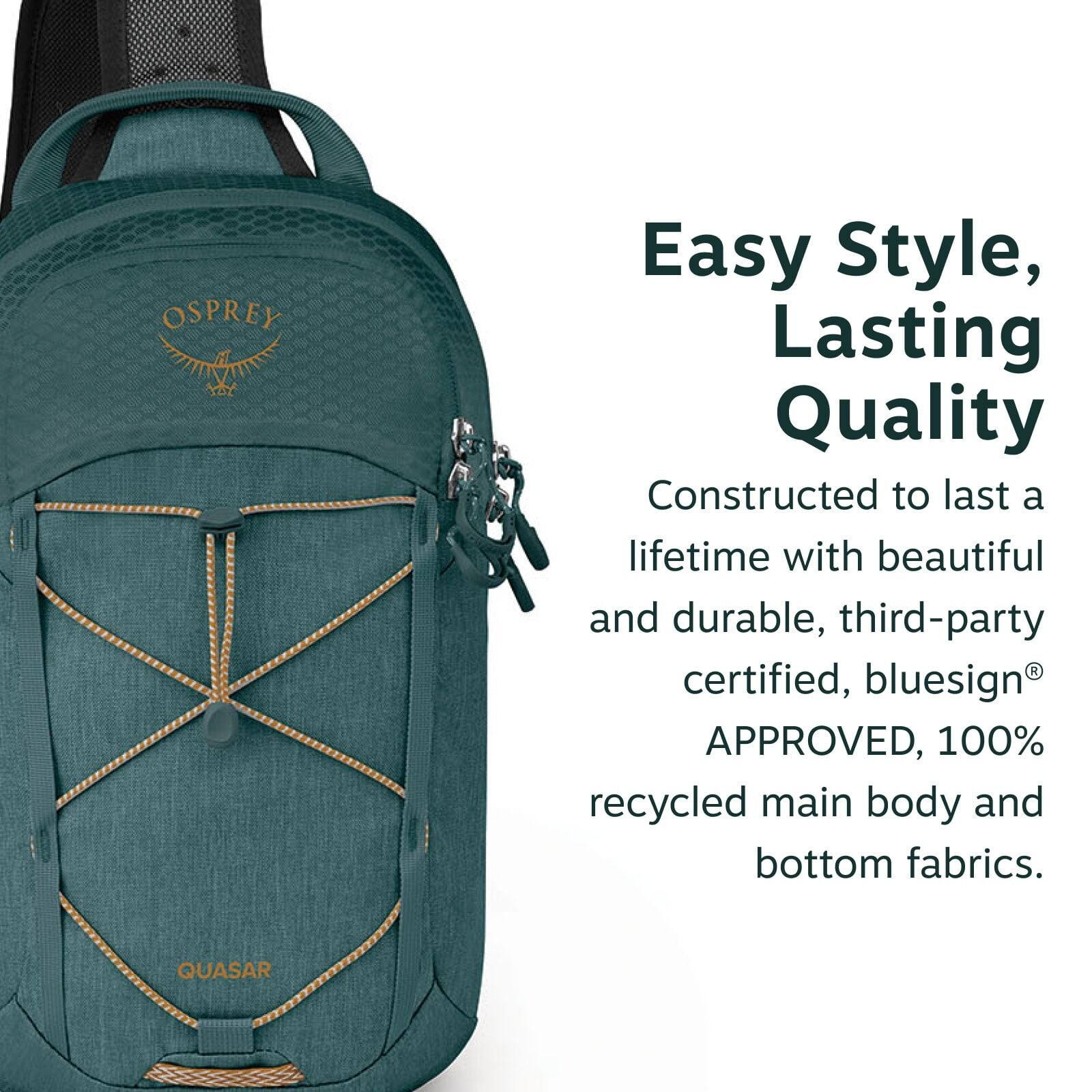 The image showcases a green Osprey backpack with the brand's logo and the model name "QUASAR" visible on the front. The backpack features a stylish design with a front bungee cord system for additional storage or securing items. Next to the backpack, ther