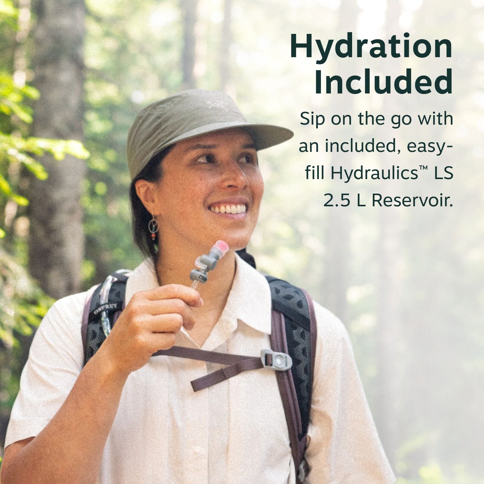 The image features a person standing in a forest setting, holding the mouthpiece of a hydration reservoir tube. They are wearing a beige shirt and a gray cap, and have a backpack with the Osprey logo visible on the shoulder strap. The text on the image re