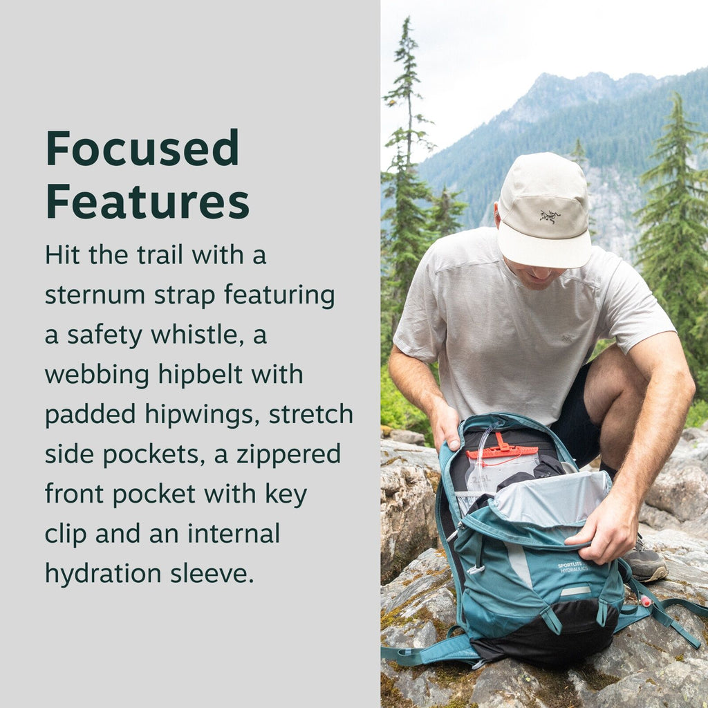 The image depicts a person kneeling on rocky terrain, preparing to go on a trail. The individual is wearing a beige cap with the Arc'teryx logo and a light-colored T-shirt. They are organizing items in a teal Sport Plus backpack, which is partially open,