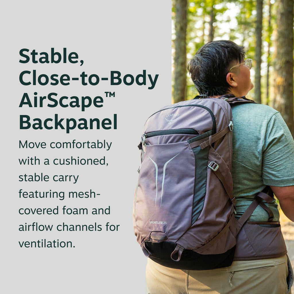 The image shows a person wearing an Osprey backpack while standing in a forested area. The backpack is labeled as the "SPORTLITE 25," and it features a design intended for stability and comfort, as described in the accompanying text. The backpack's AirSca