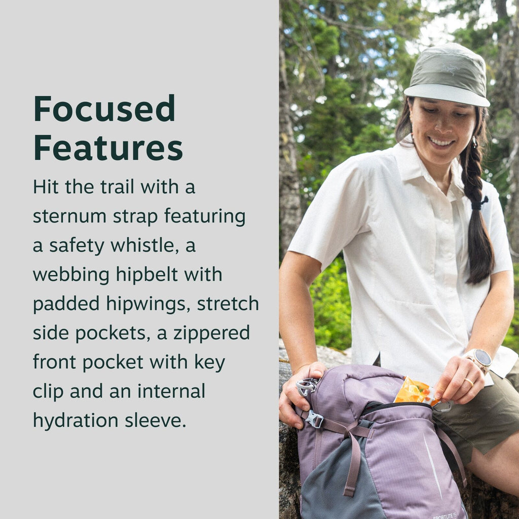 The image features a person sitting outdoors, surrounded by lush greenery and trees, conveying a sense of adventure and the natural environment. The individual is wearing a light-colored, short-sleeved button-up shirt and khaki shorts, suggesting comforta