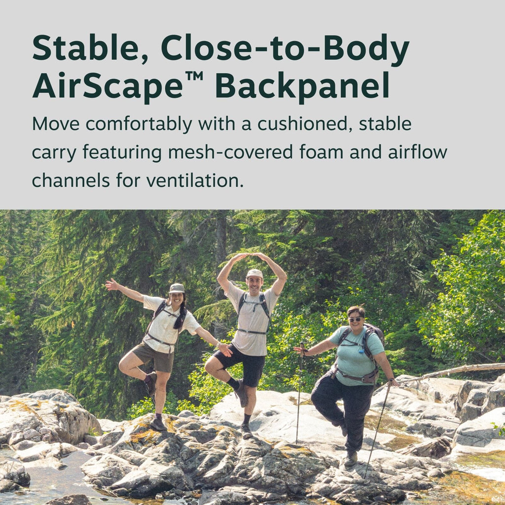 The image features three people posing playfully on a rocky terrain in a forested area, showcasing outdoor activity and adventure. They are wearing backpacks with a "Stable, Close-to-Body AirScape? Backpanel," as indicated by the text above the scene, whi