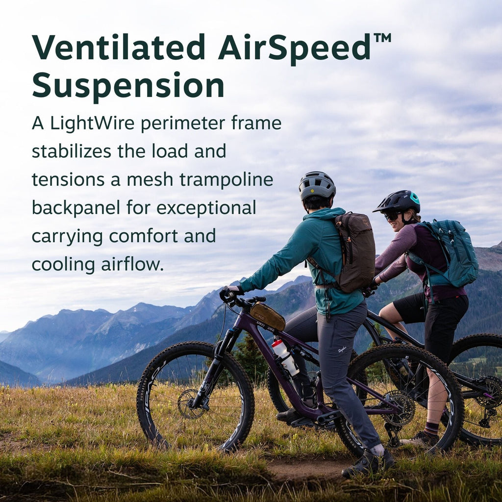 The image features two cyclists on a scenic mountain trail, both equipped with backpacks that likely incorporate the advertised Ventilated AirSpeed Suspension system. The cyclist on the left is wearing a teal jacket and grey pants, while the one on the ri
