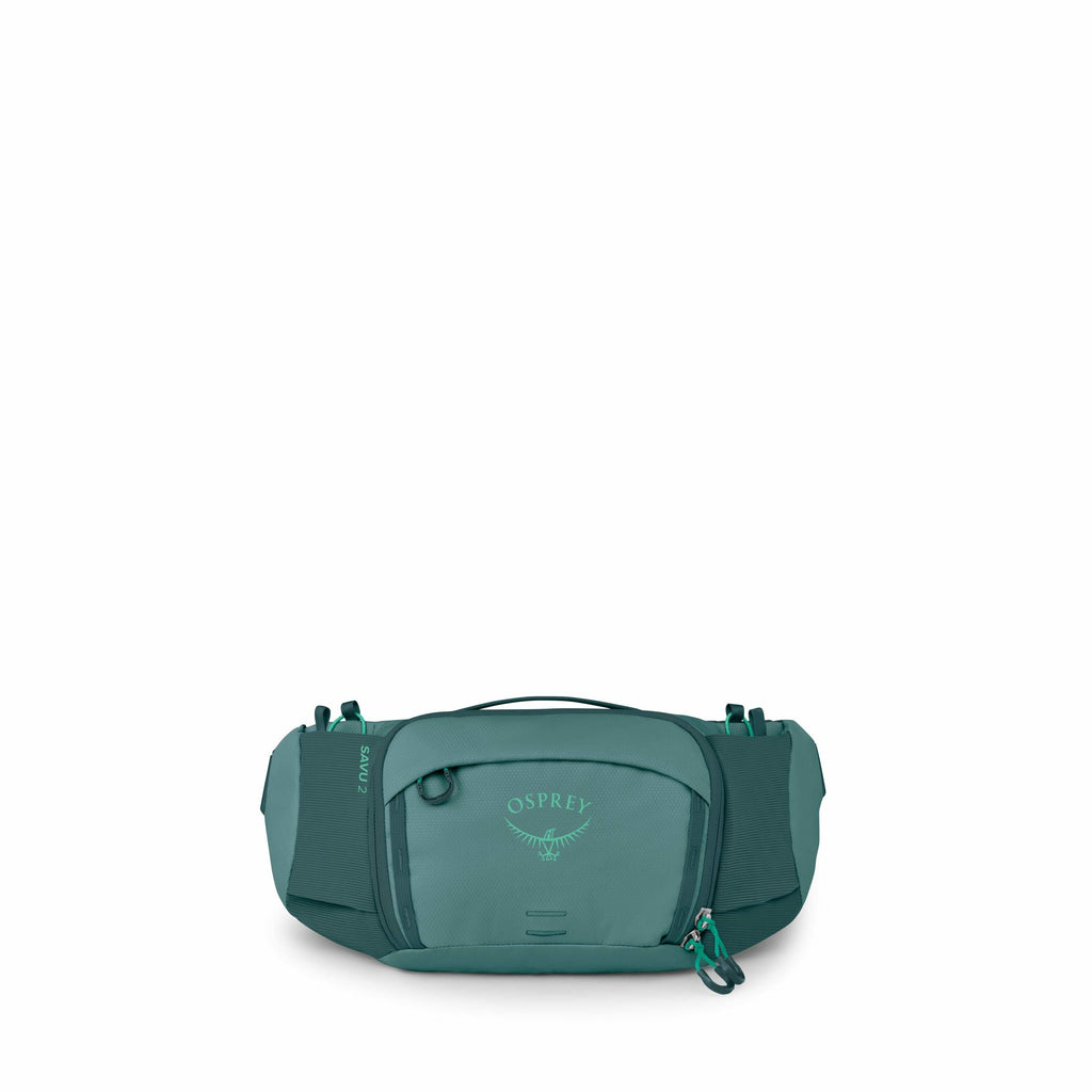 The image displays an Osprey brand waist pack, designed for outdoor activities. It features a compact design with a central zippered compartment, flanked by two additional pockets for easy access to essentials. The pack is primarily teal in color, with li