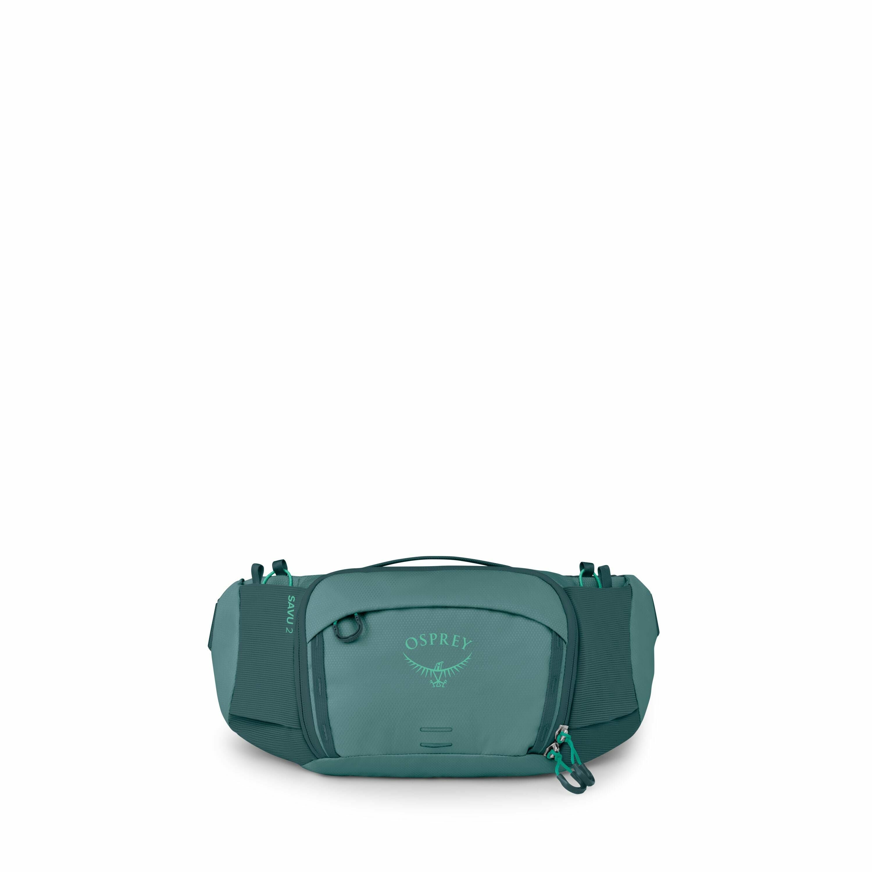 The image displays an Osprey brand waist pack, designed for outdoor activities. It features a compact design with a central zippered compartment, flanked by two additional pockets for easy access to essentials. The pack is primarily teal in color, with li