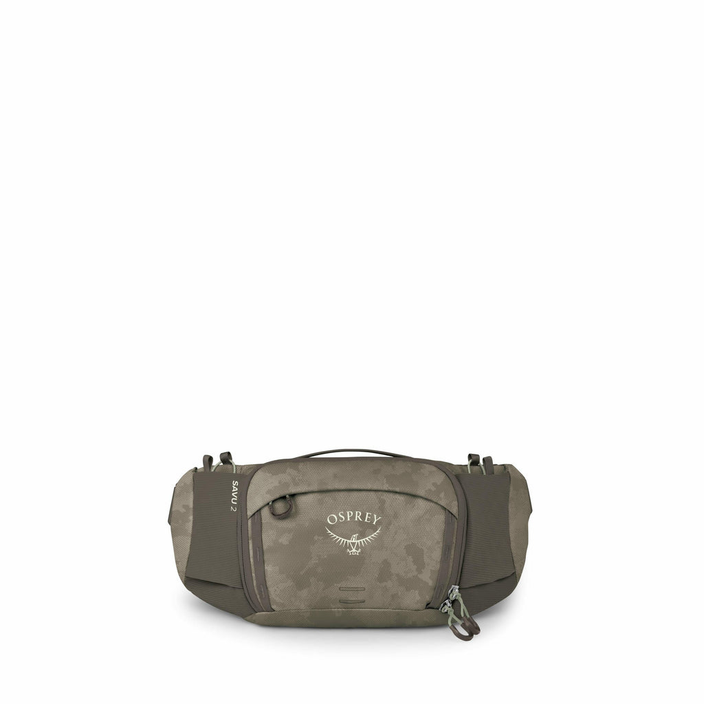 The image showcases a waist bag from the brand Osprey, designed for carrying essentials during outdoor activities. It features a camouflage pattern with earthy tones and has multiple compartments for storage, including a central zippered pocket. The bag h