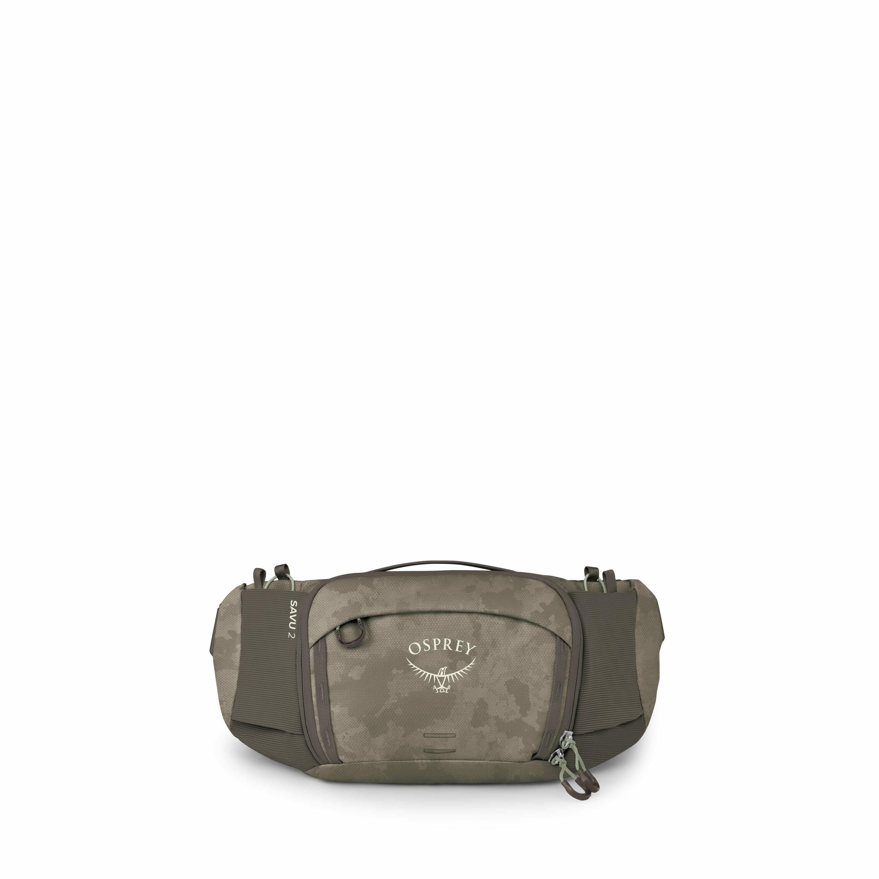 The image showcases a waist bag from the brand Osprey, designed for carrying essentials during outdoor activities. It features a camouflage pattern with earthy tones and has multiple compartments for storage, including a central zippered pocket. The bag h