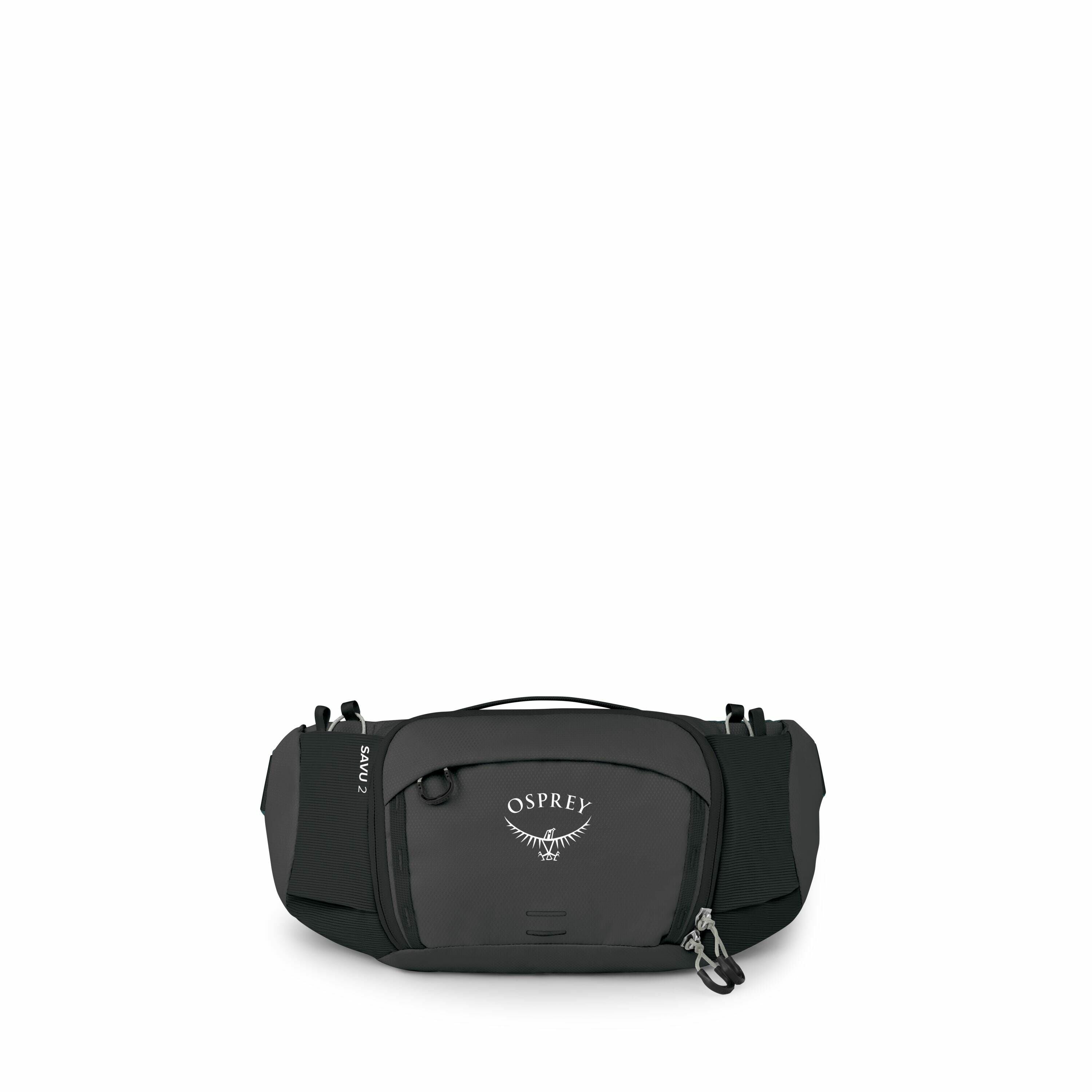 The image features an Osprey waist pack, designed for outdoor and recreational use. The pack is predominantly dark gray with black accents, including the straps and sides. The center prominently displays the Osprey logo, which consists of the brand name a