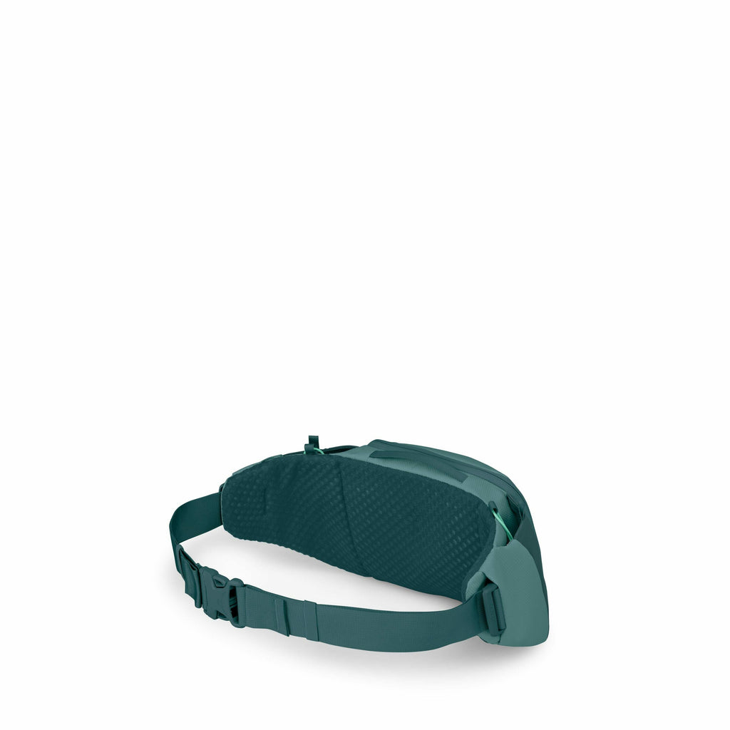 The image series shows a dark green waist pack, displayed from a rear angle to showcase its features. The first image presents the pack in its entirety, revealing its design, which includes an adjustable strap with a buckle, a textured back for comfort, a
