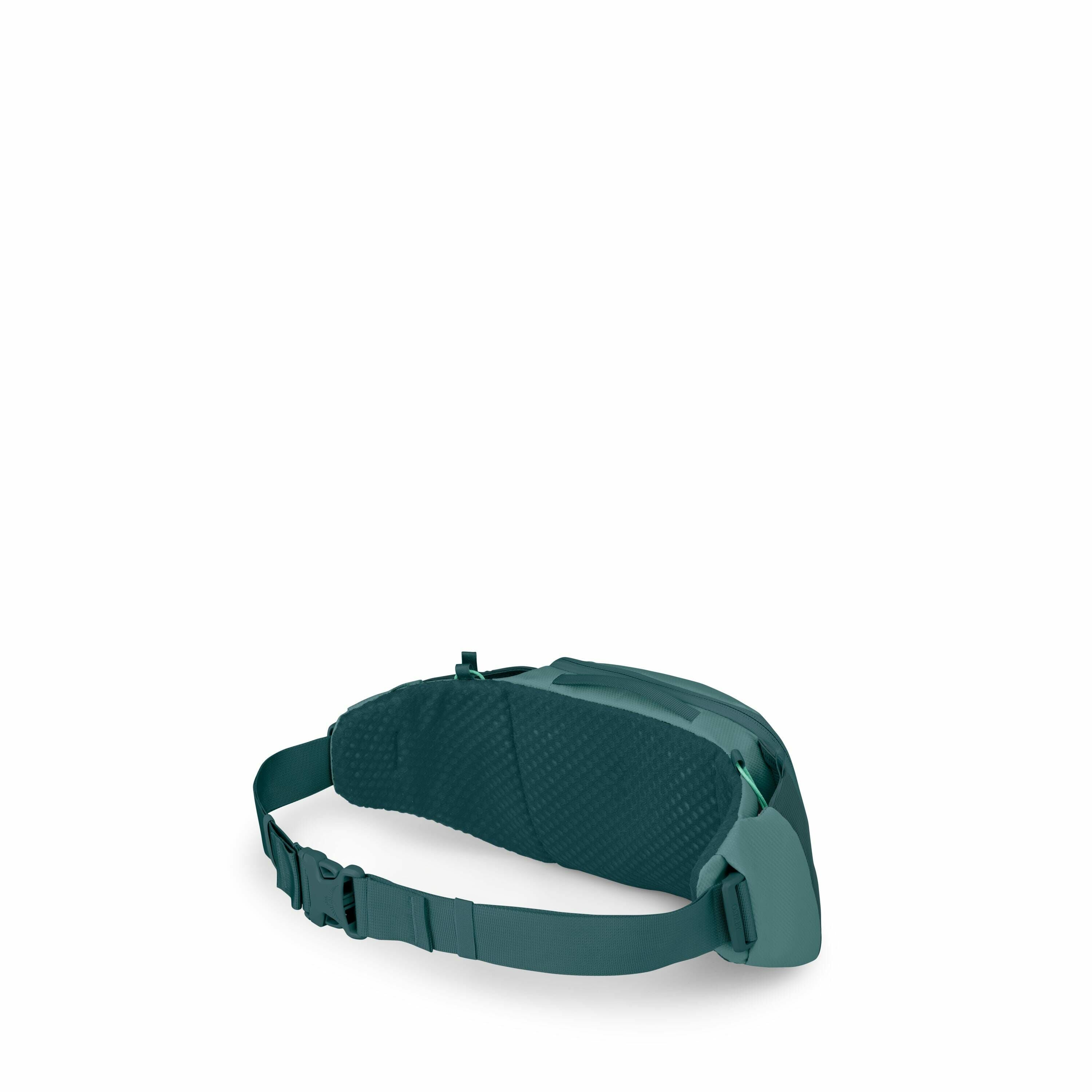 The image series shows a dark green waist pack, displayed from a rear angle to showcase its features. The first image presents the pack in its entirety, revealing its design, which includes an adjustable strap with a buckle, a textured back for comfort, a
