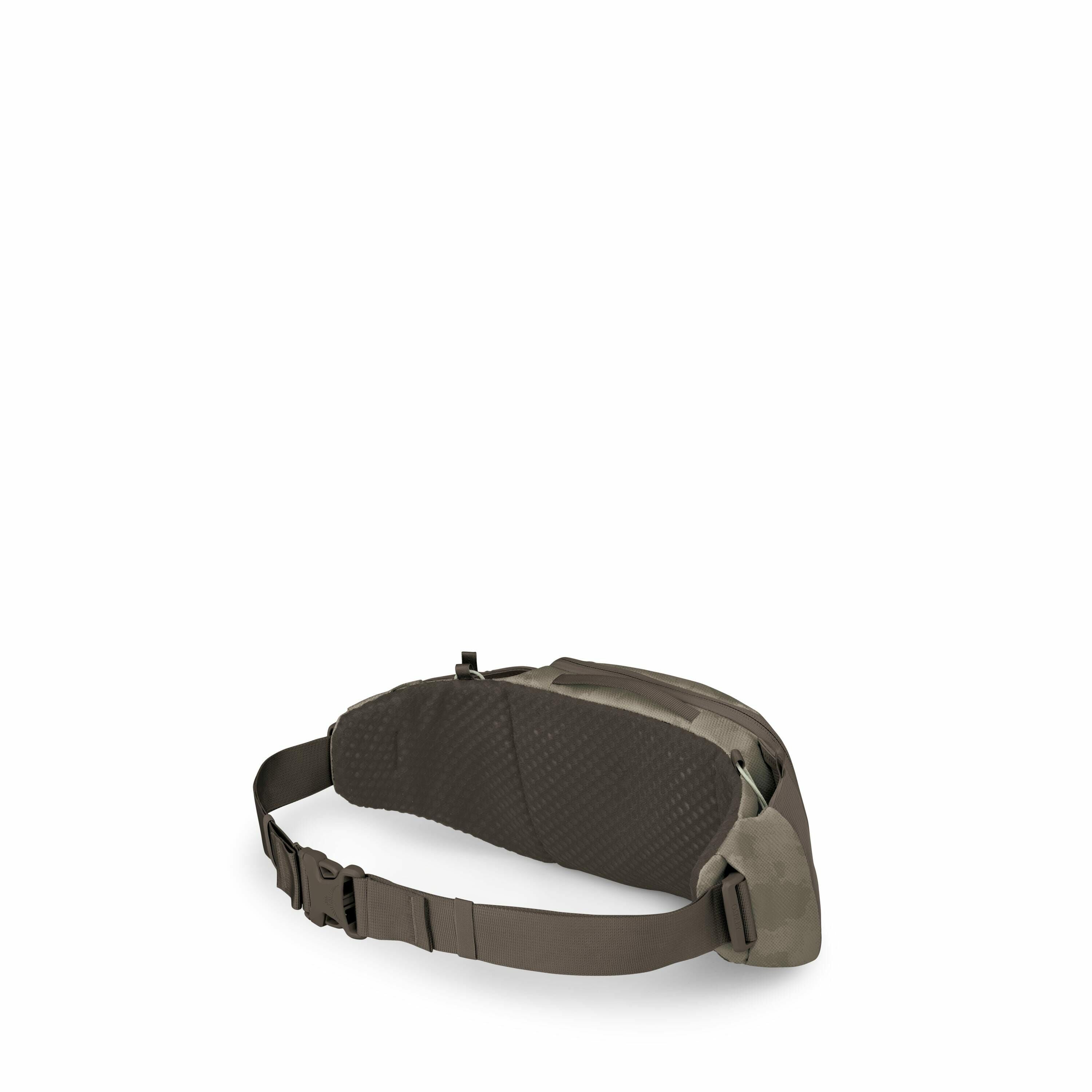 The image set features a green waist bag in various stages of opacity, from fully visible to barely discernible against a white background. The bag is designed for outdoor or casual use and features a padded back for comfort. It includes an adjustable str