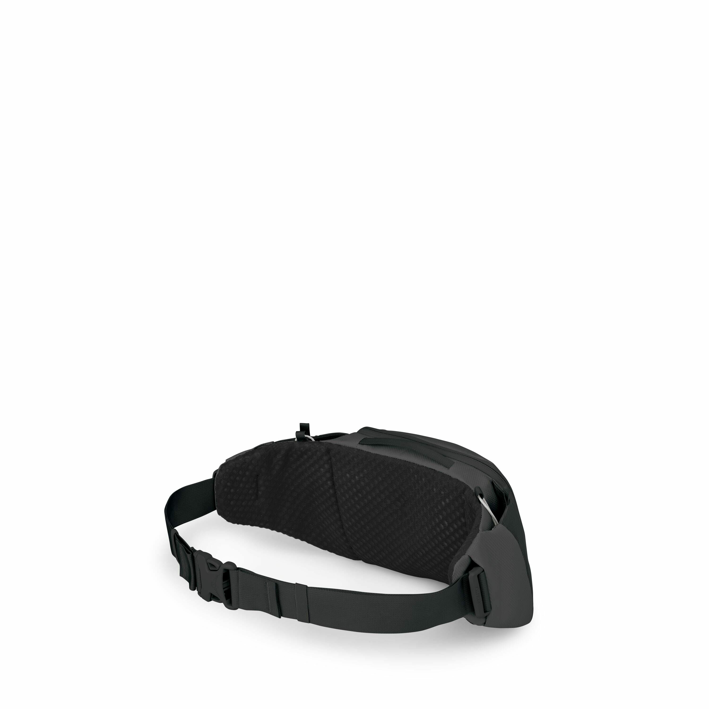 The image showcases a black waist bag, commonly known as a fanny pack, with an adjustable strap and buckle. The design of the bag includes a padded section that rests against the body for comfort. The bag appears to have a sleek and minimalist design, wit