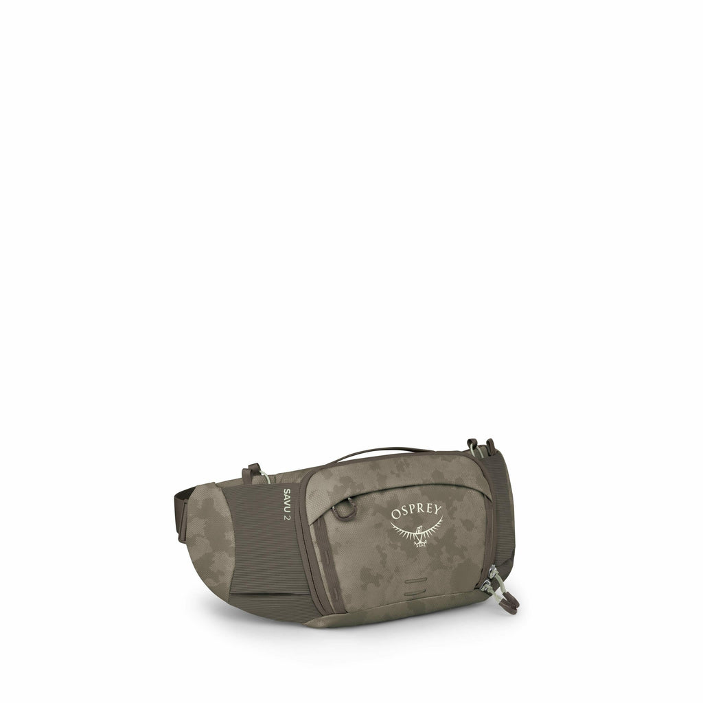 The images display a green and gray Osprey waist bag with a camouflage pattern. The bag features the "OSPREY" logo prominently on its front pocket, along with the model name "Savu 2" written vertically on the side. The bag includes a zippered front pocket