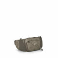The images display a green and gray Osprey waist bag with a camouflage pattern. The bag features the "OSPREY" logo prominently on its front pocket, along with the model name "Savu 2" written vertically on the side. The bag includes a zippered front pocket