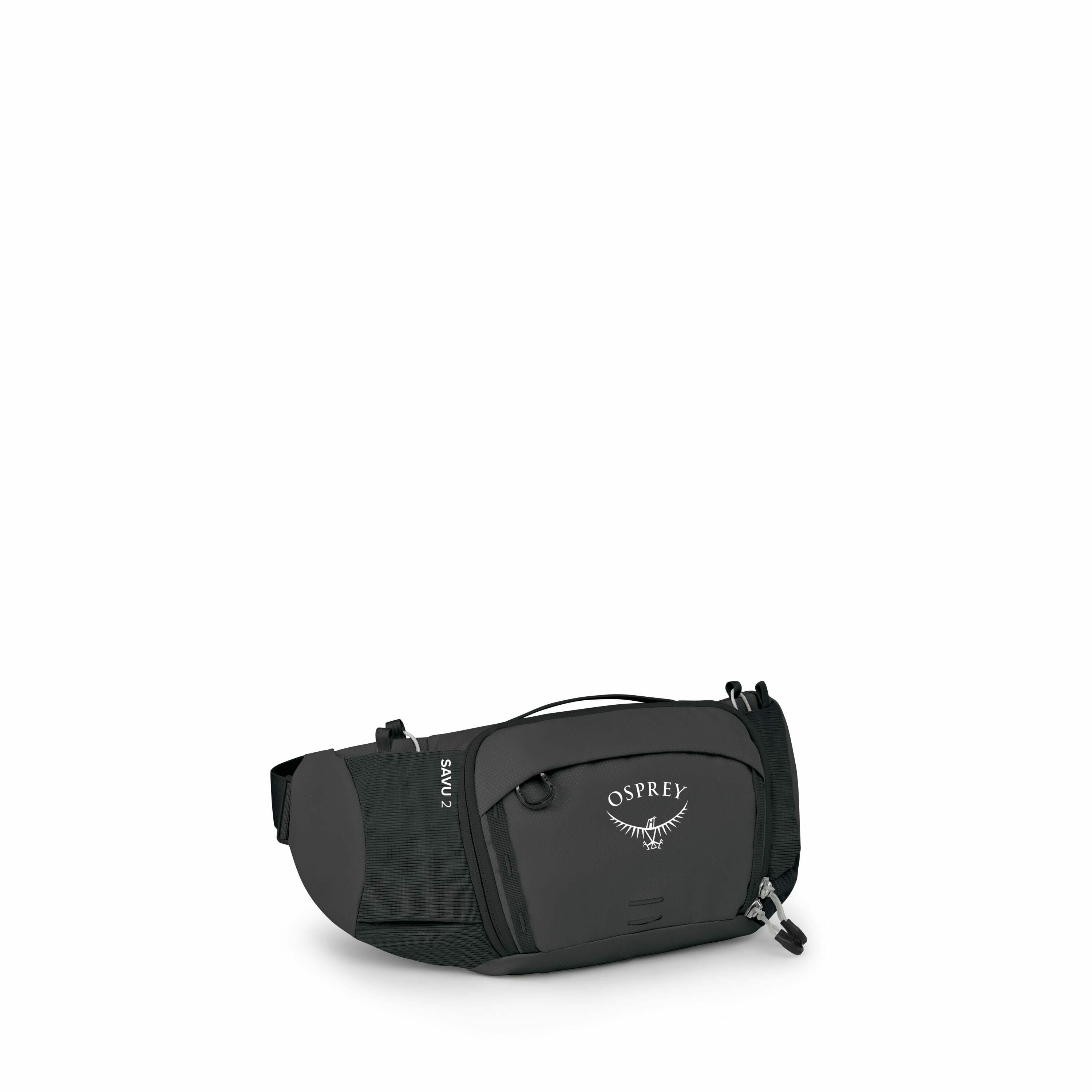 The image displays a black Osprey hip bag, specifically the Savu 2 model. It features a sleek design with an Osprey logo prominently displayed on the front. The bag has several compartments, including a zippered front pocket, and adjustable straps for wea