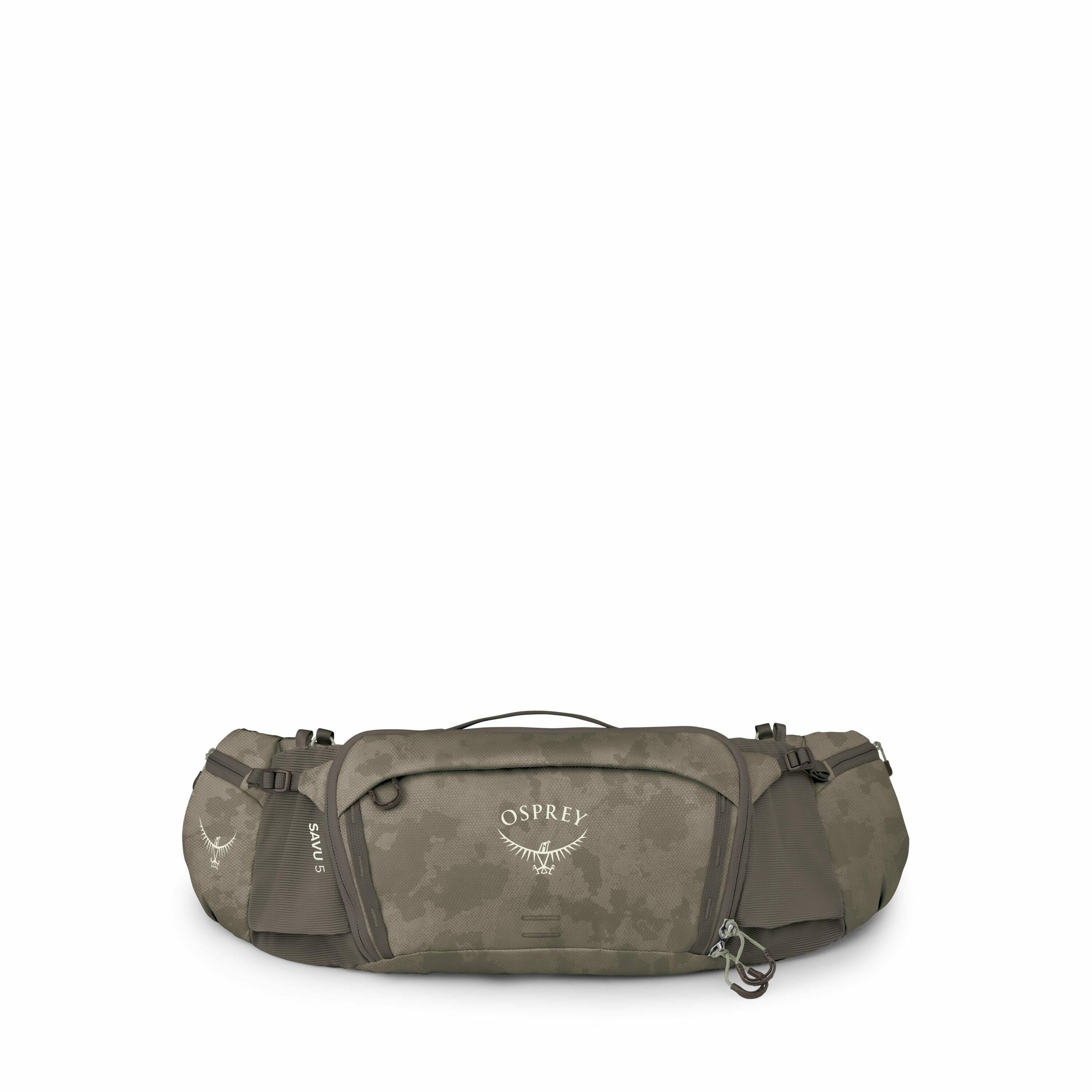 The images showcase a rugged waist pack designed by Osprey. The first two images display the pack in two different colors: a camouflage brown and a camouflage green. The pack features multiple compartments and a sturdy zipper closure, with the Osprey logo