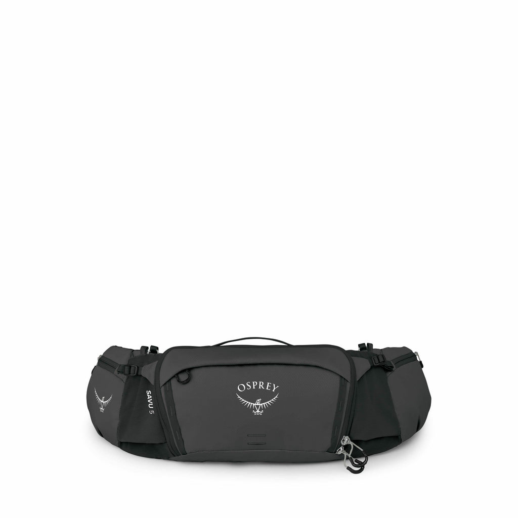 The images depict a black Osprey waist pack with the logo prominently displayed on the front. The pack appears to be a modular design, shown in various stages of assembly or disassembly. It features multiple compartments and zippers, with adjustable strap